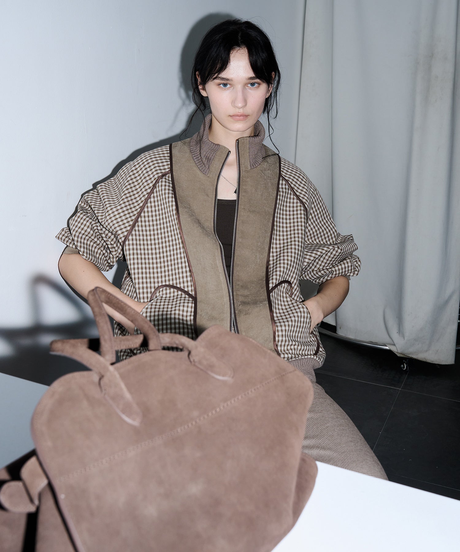 Reverse-Look Oversized Cropped Check Short Jacket