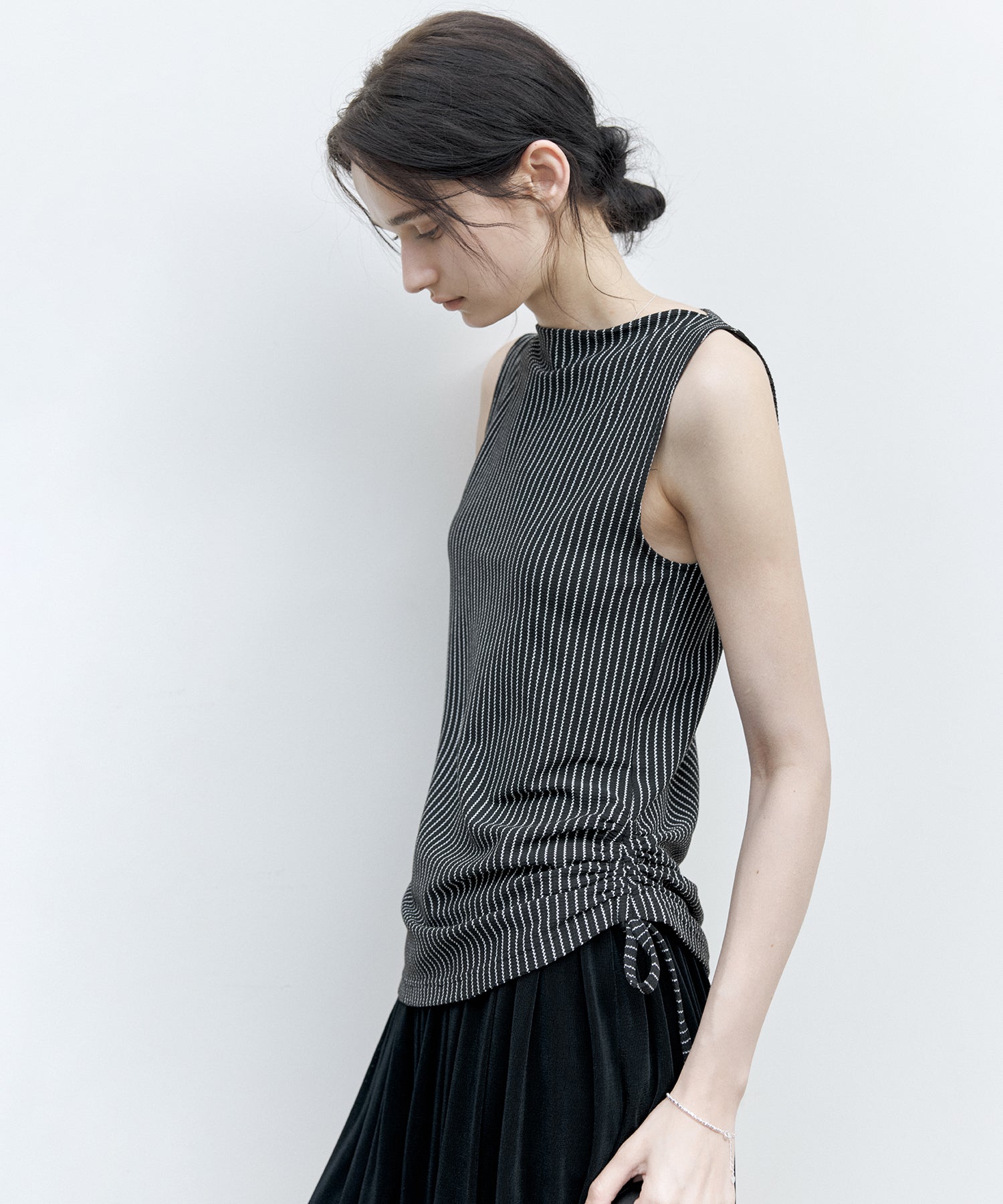 Striped Sleeveless Top with Adjustable Hem &amp; Boat Neck