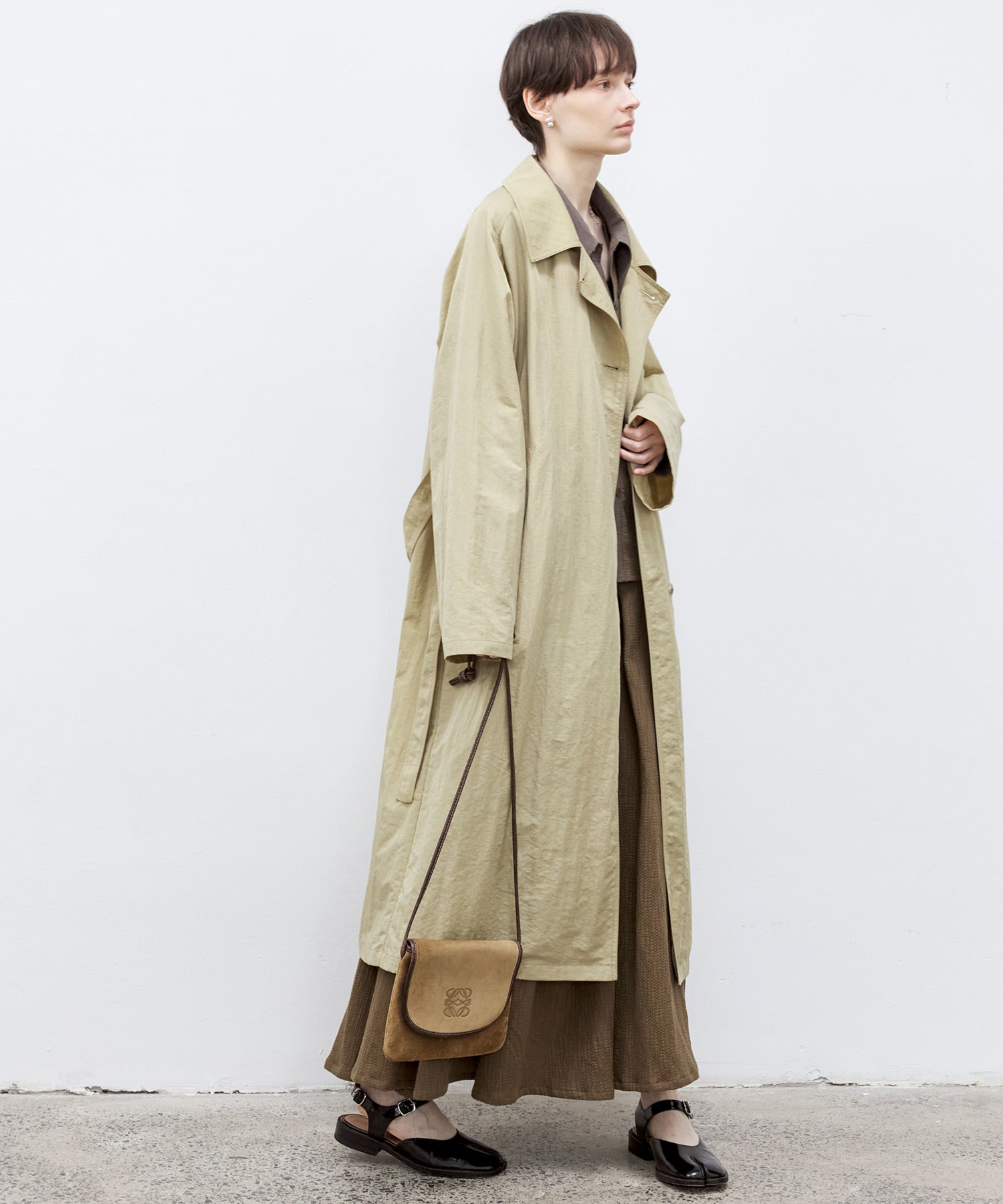 Lightweight Crinkled Fabric Longline Coat with Detachable Belt