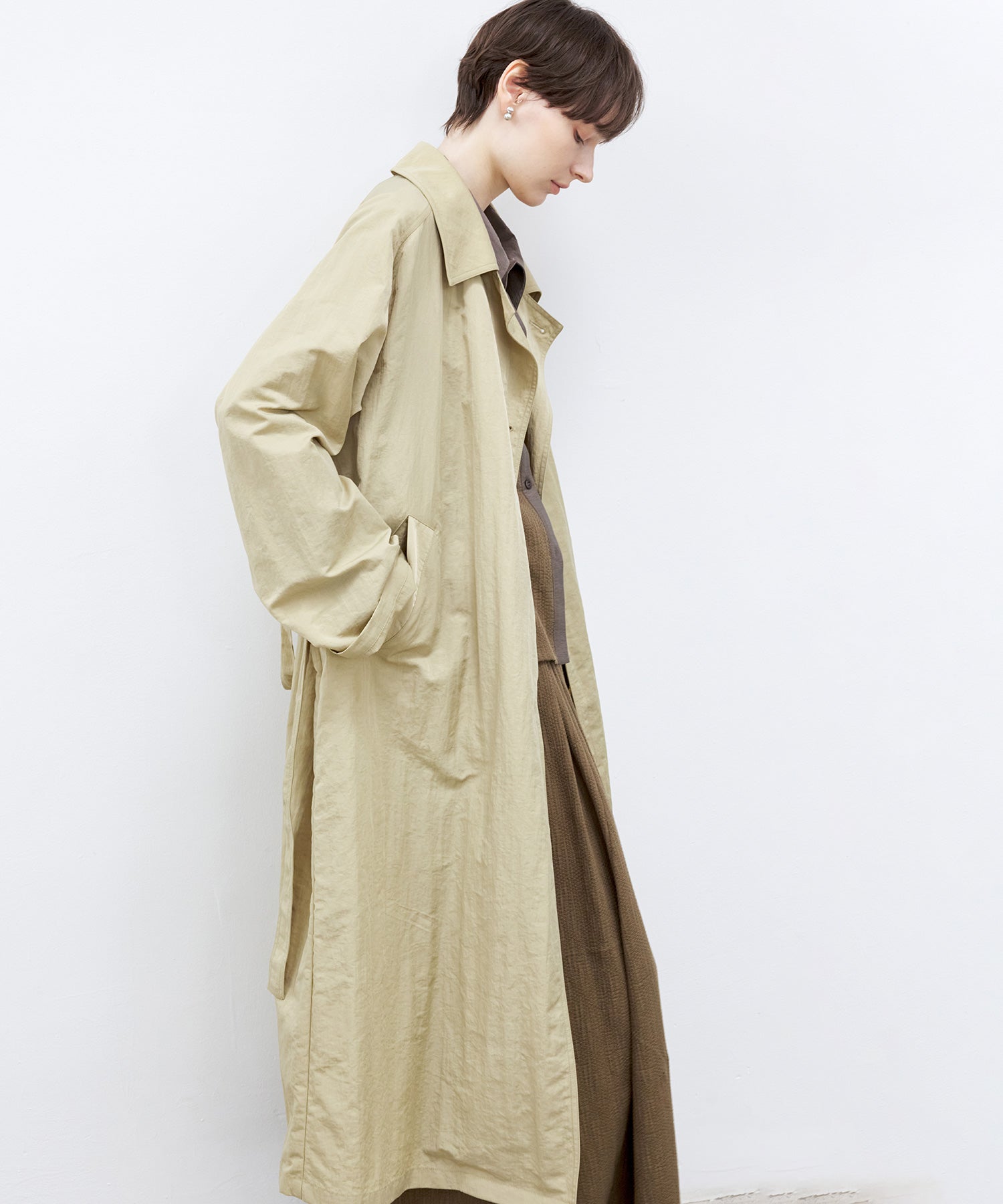 Lightweight Crinkled Fabric Longline Coat with Detachable Belt