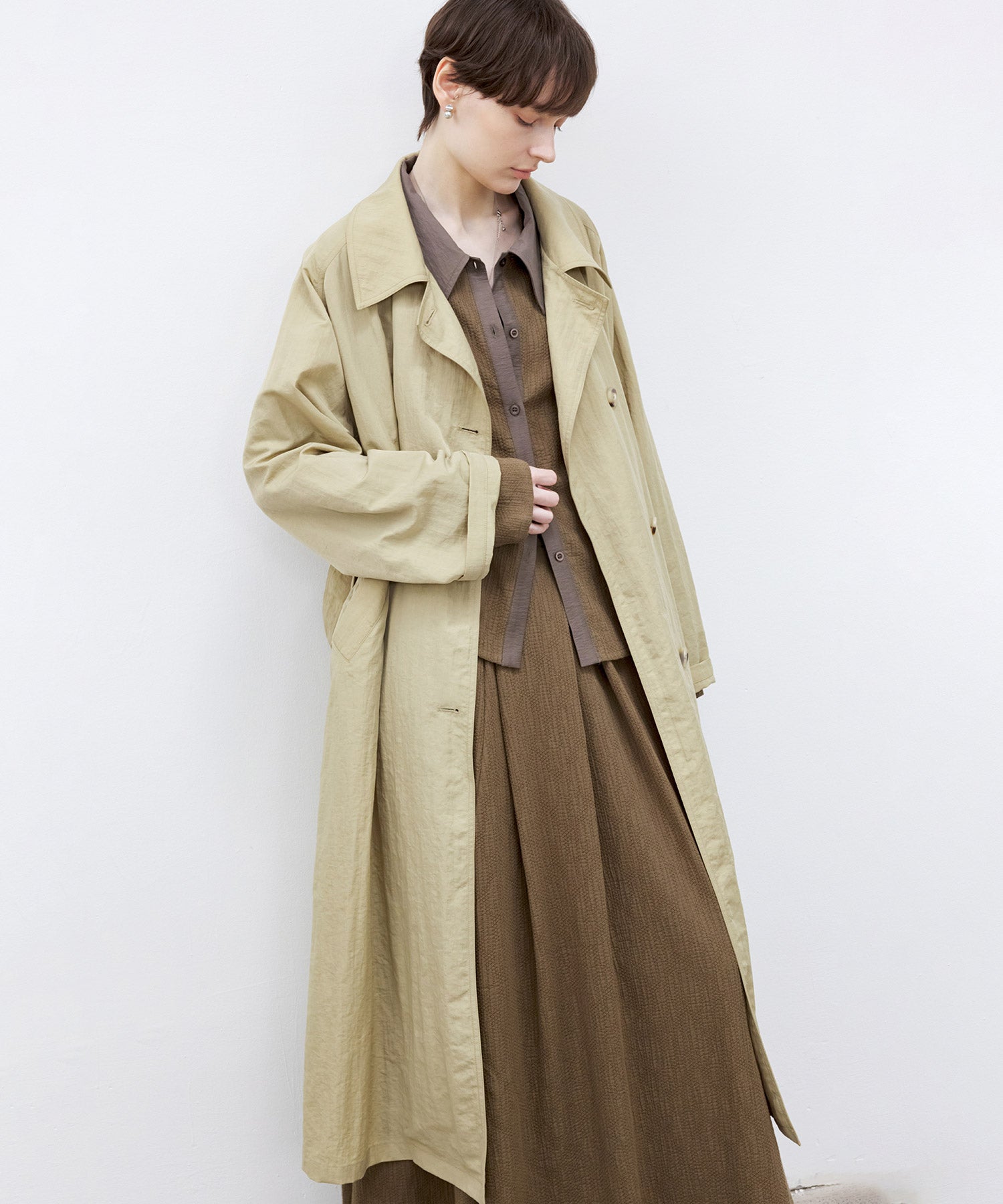 Lightweight Crinkled Fabric Longline Coat with Detachable Belt
