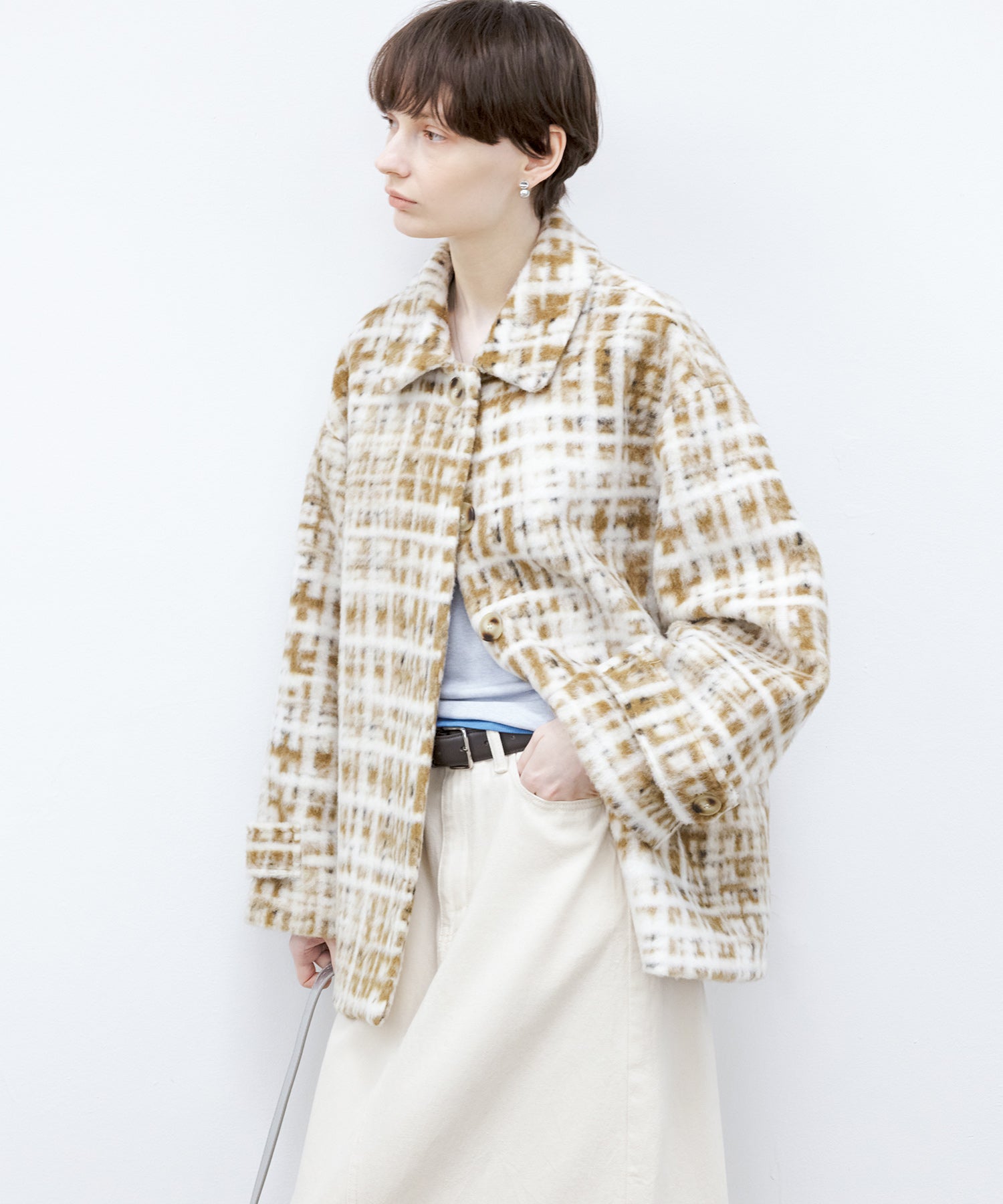 Hazy Plaid Tailored Wool Short Over-coat