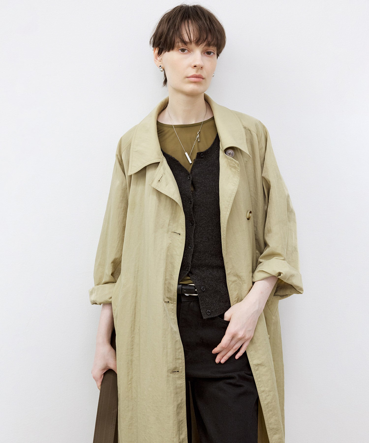 Lightweight Crinkled Fabric Longline Coat with Detachable Belt