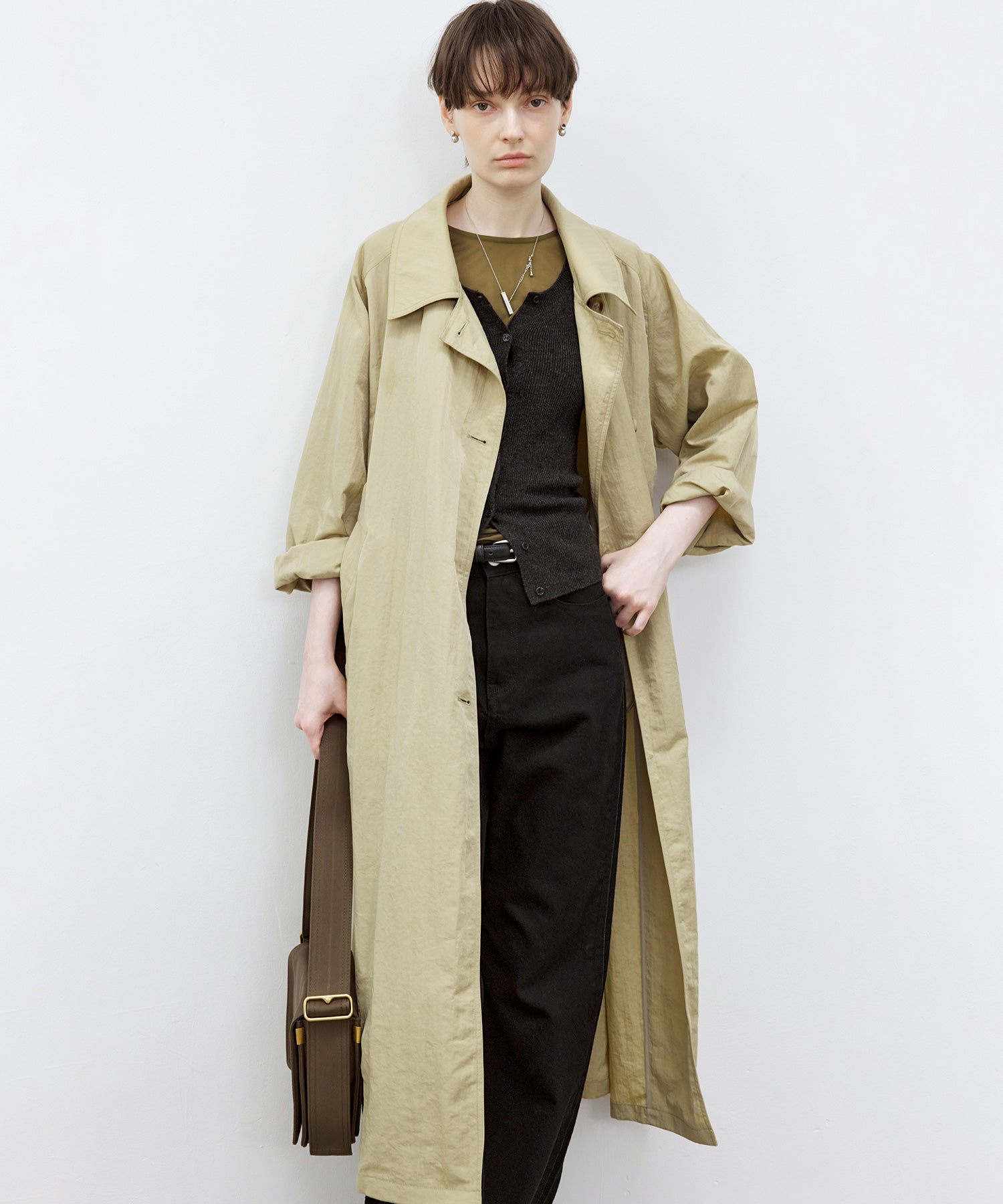 Lightweight Crinkled Fabric Longline Coat with Detachable Belt