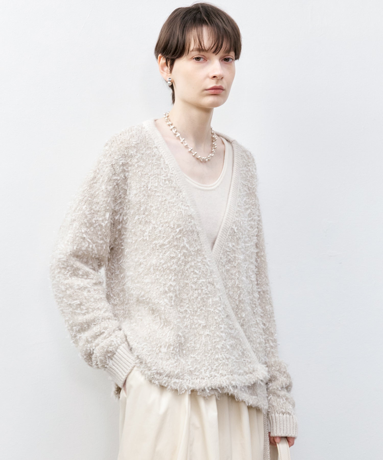 Tweed-Like V-Neck Knit Cardigan