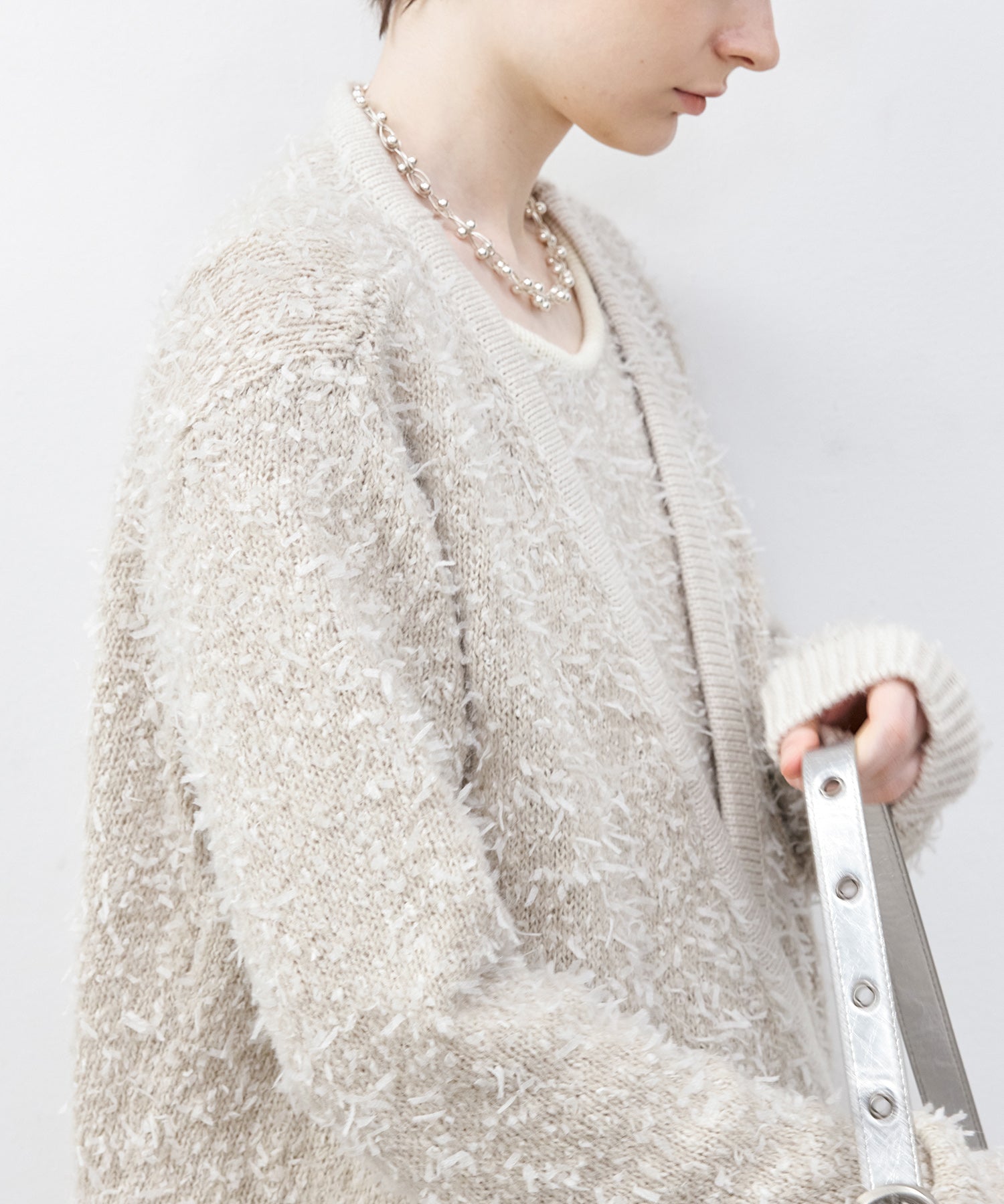 Tweed-Like V-Neck Knit Cardigan