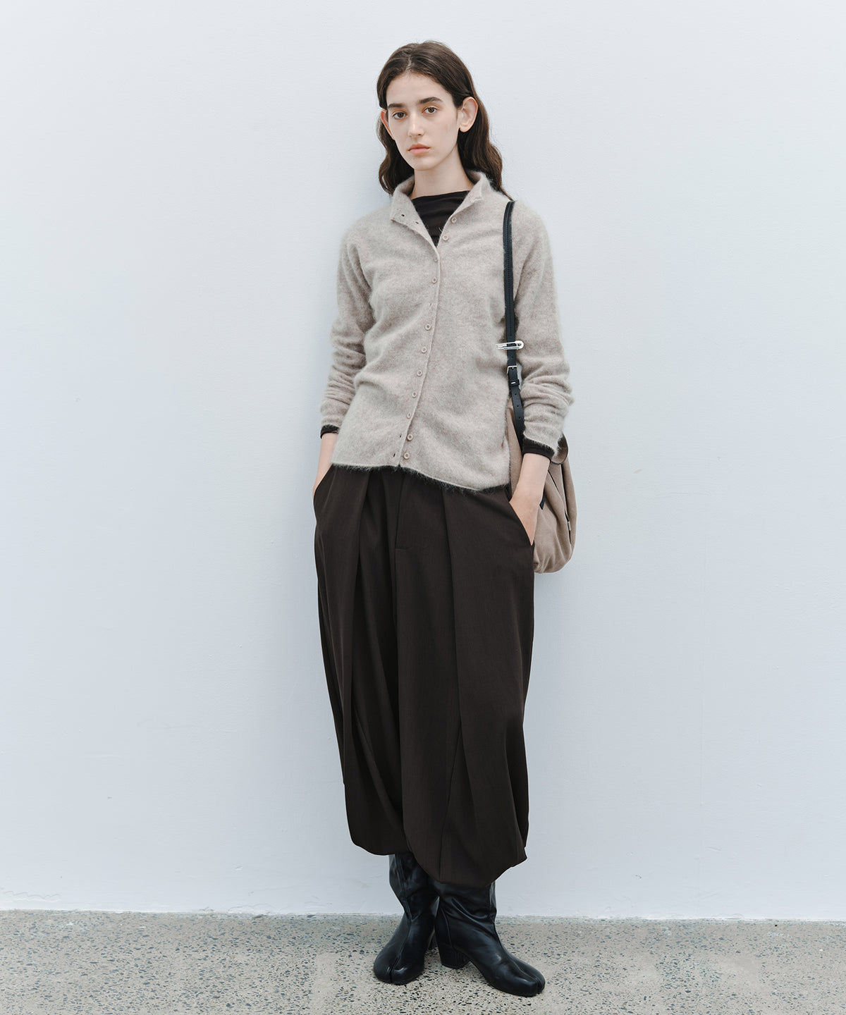 Brushed Cashmere-Blend High Neck Knit Cardigan