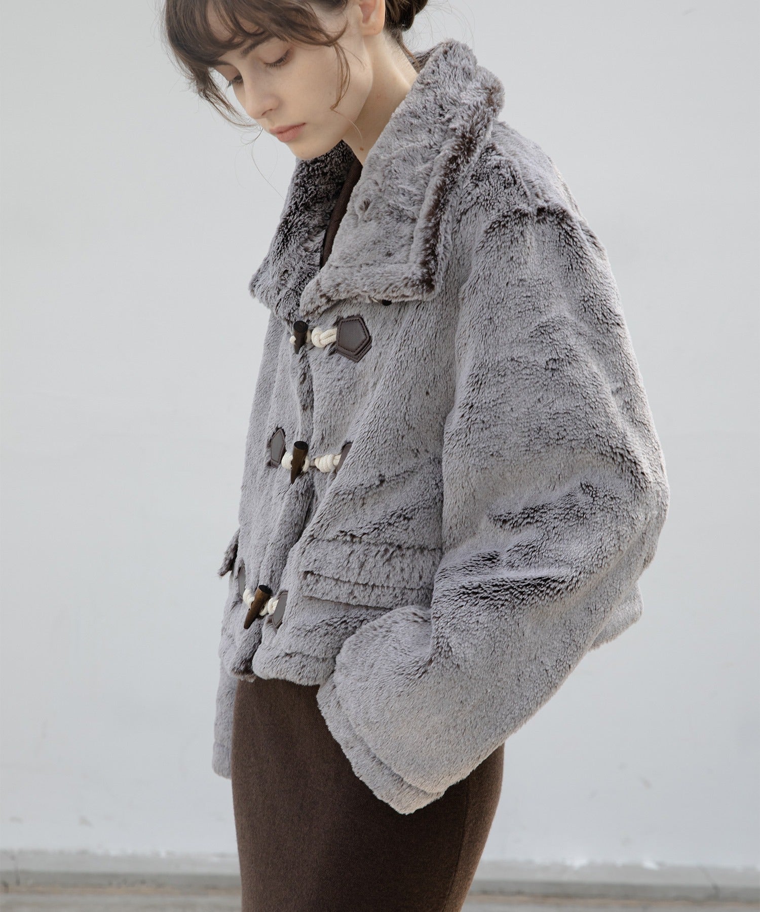 High Neck Short Duffle Coat with Faux Fur Trim