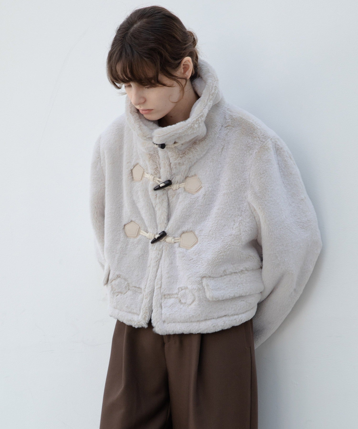 High Neck Short Duffle Coat with Faux Fur Trim