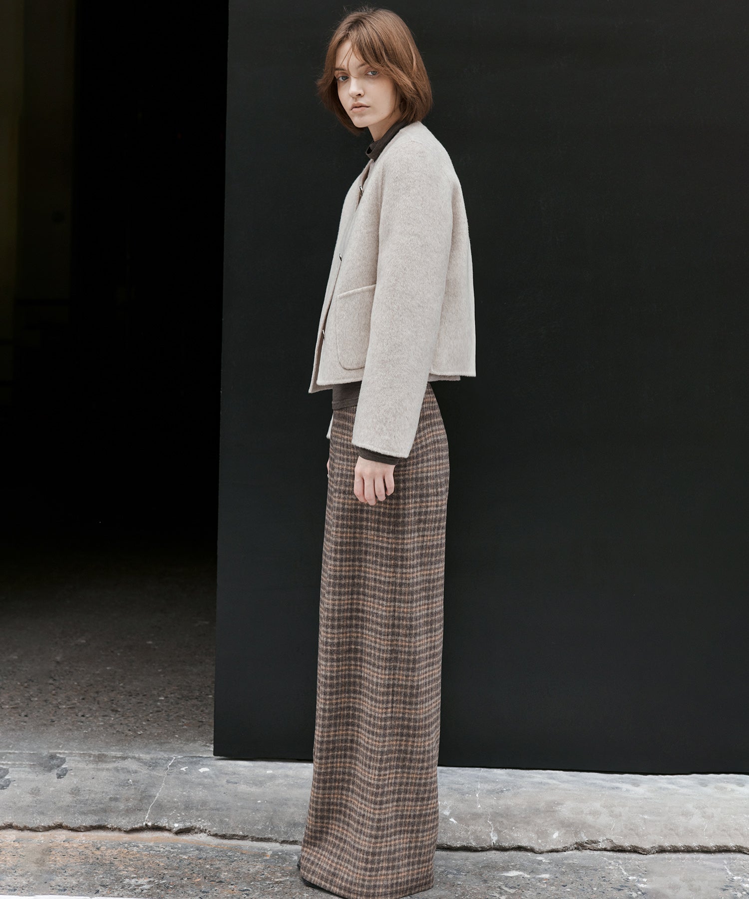 Wool Blend Yarn-Dyed Vintage Check Brushed Wide-Leg Pants
