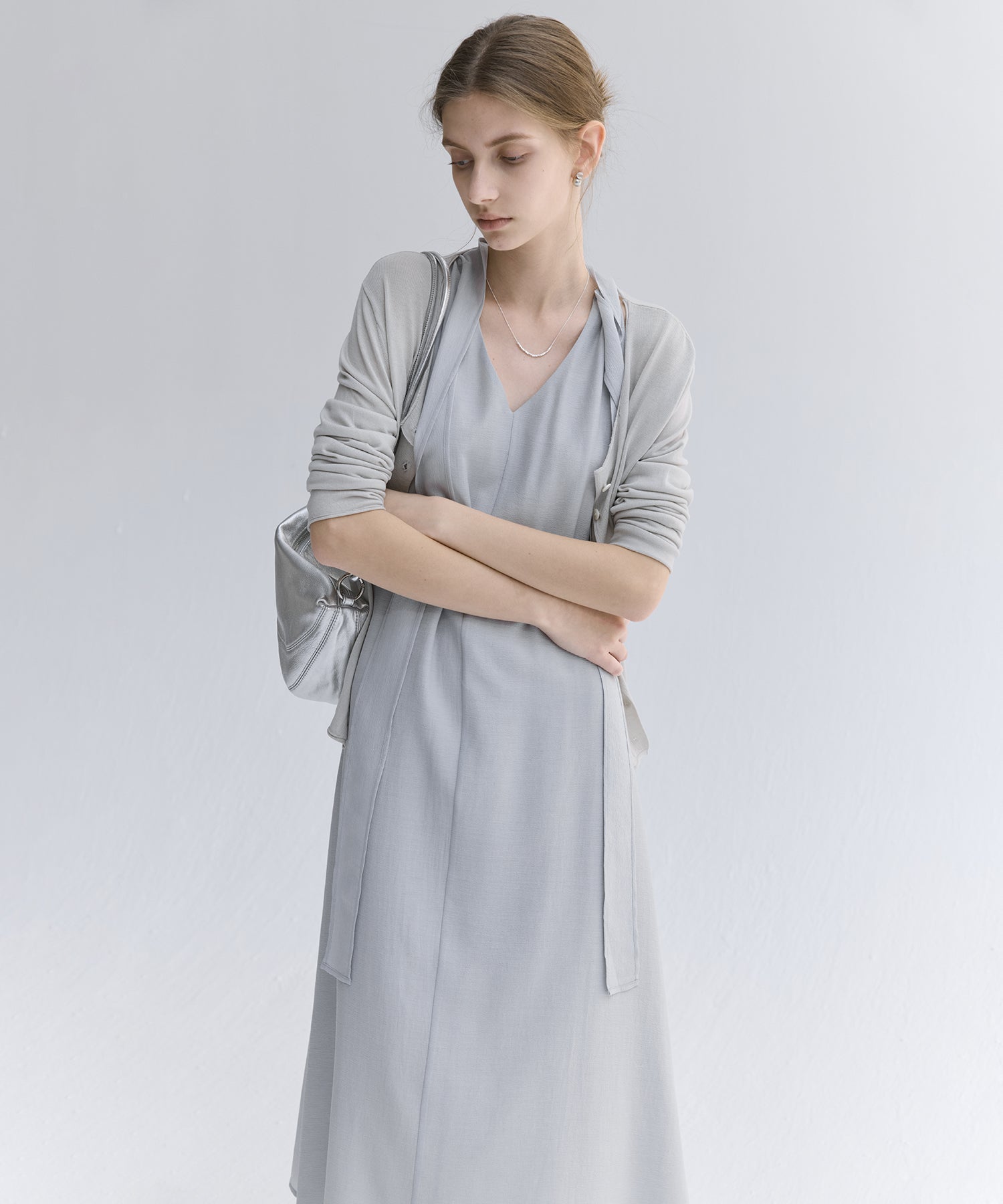 Acetate-Blend V-Neck Ribbon Detail Sleeveless Dress