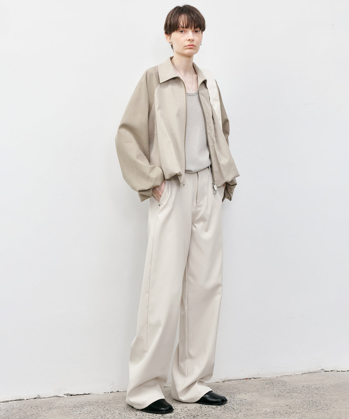 Check Panel Balloon Sleeve Short Blouson