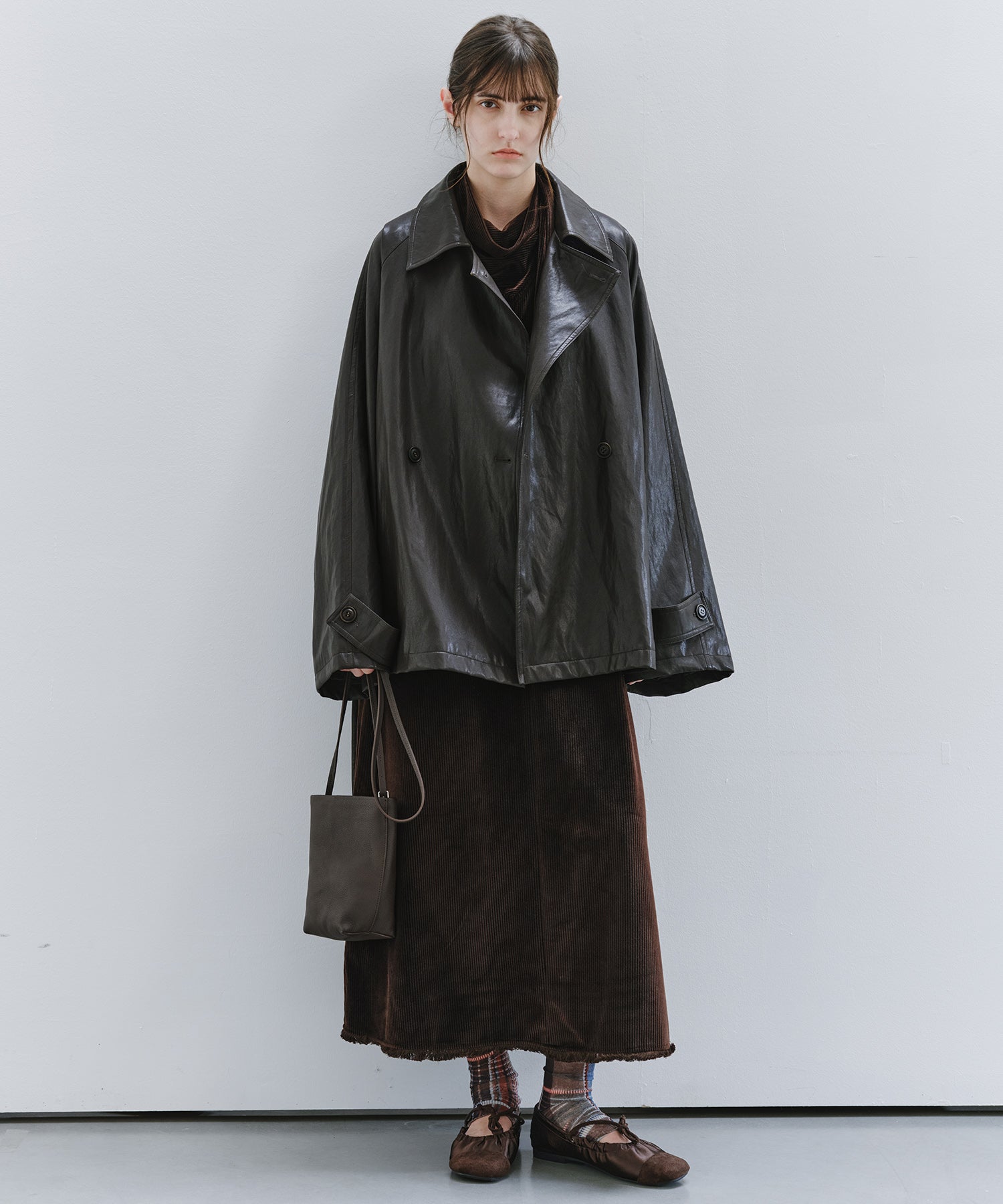 「9月下旬出荷予定」Belted Faux Leather Short Trench Jacket