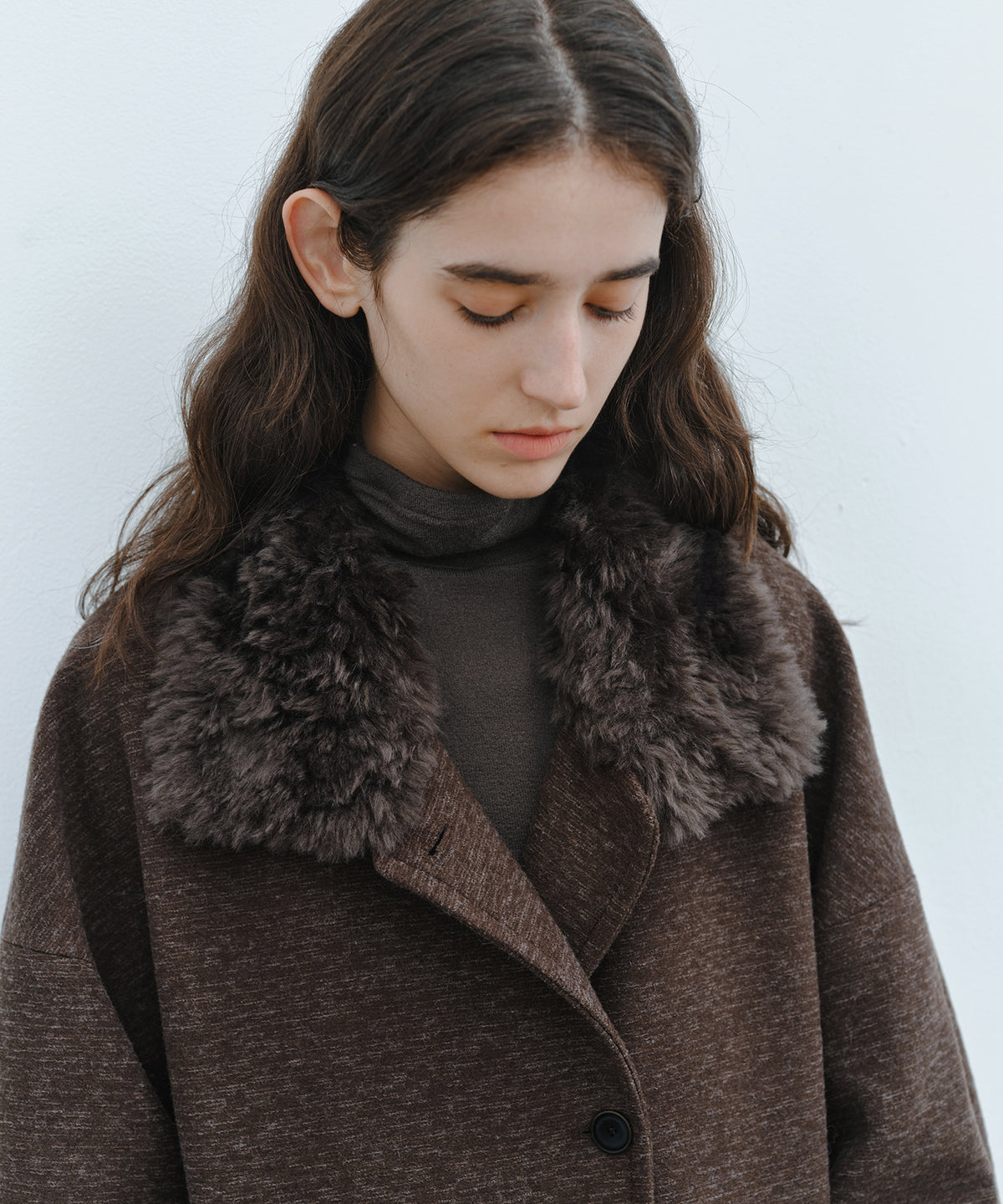 「10月下旬出荷予定」Faux Fur Collar Melange Wool-Like Middle Coat
