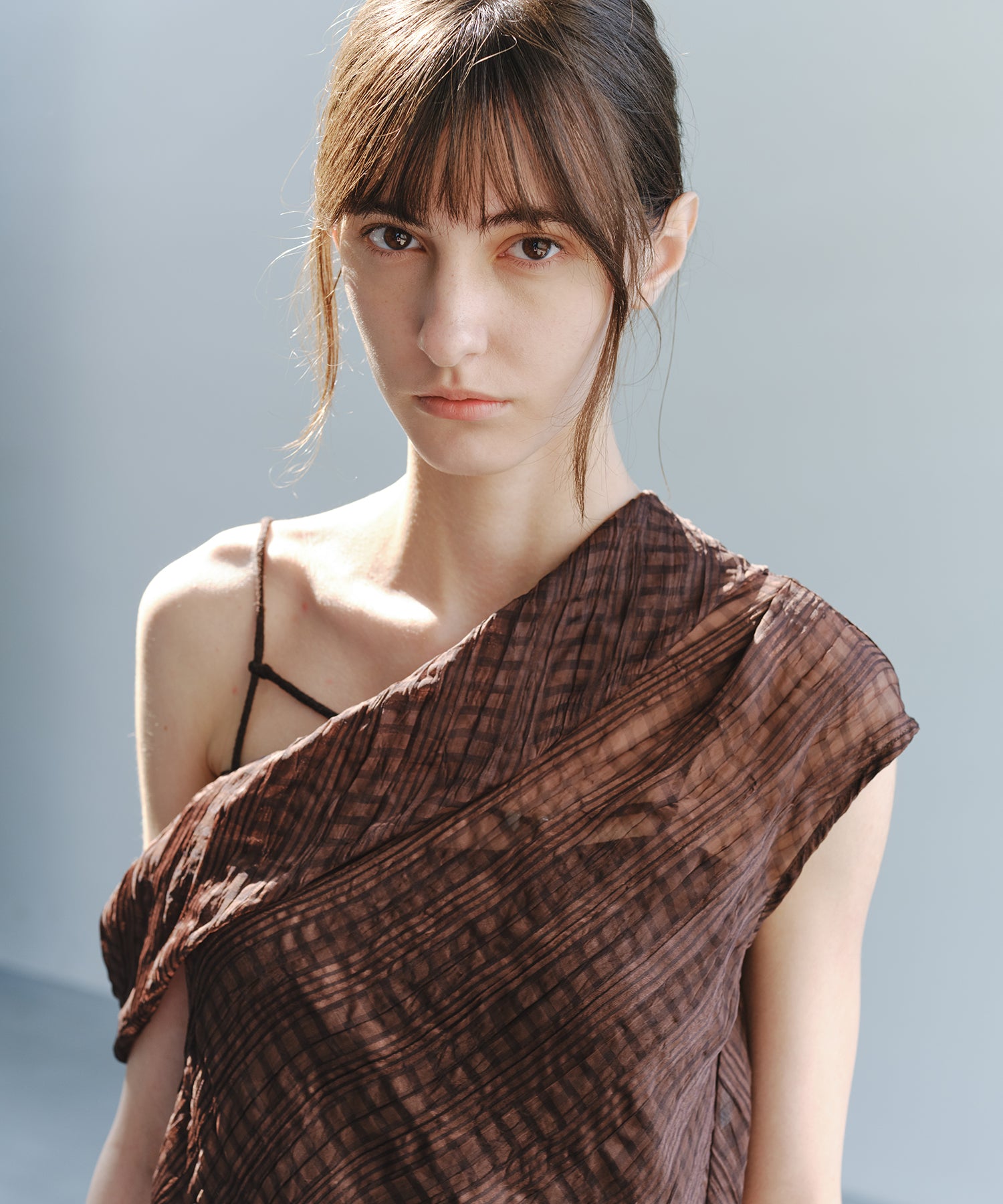 Sheer Check One-Shoulder Top
