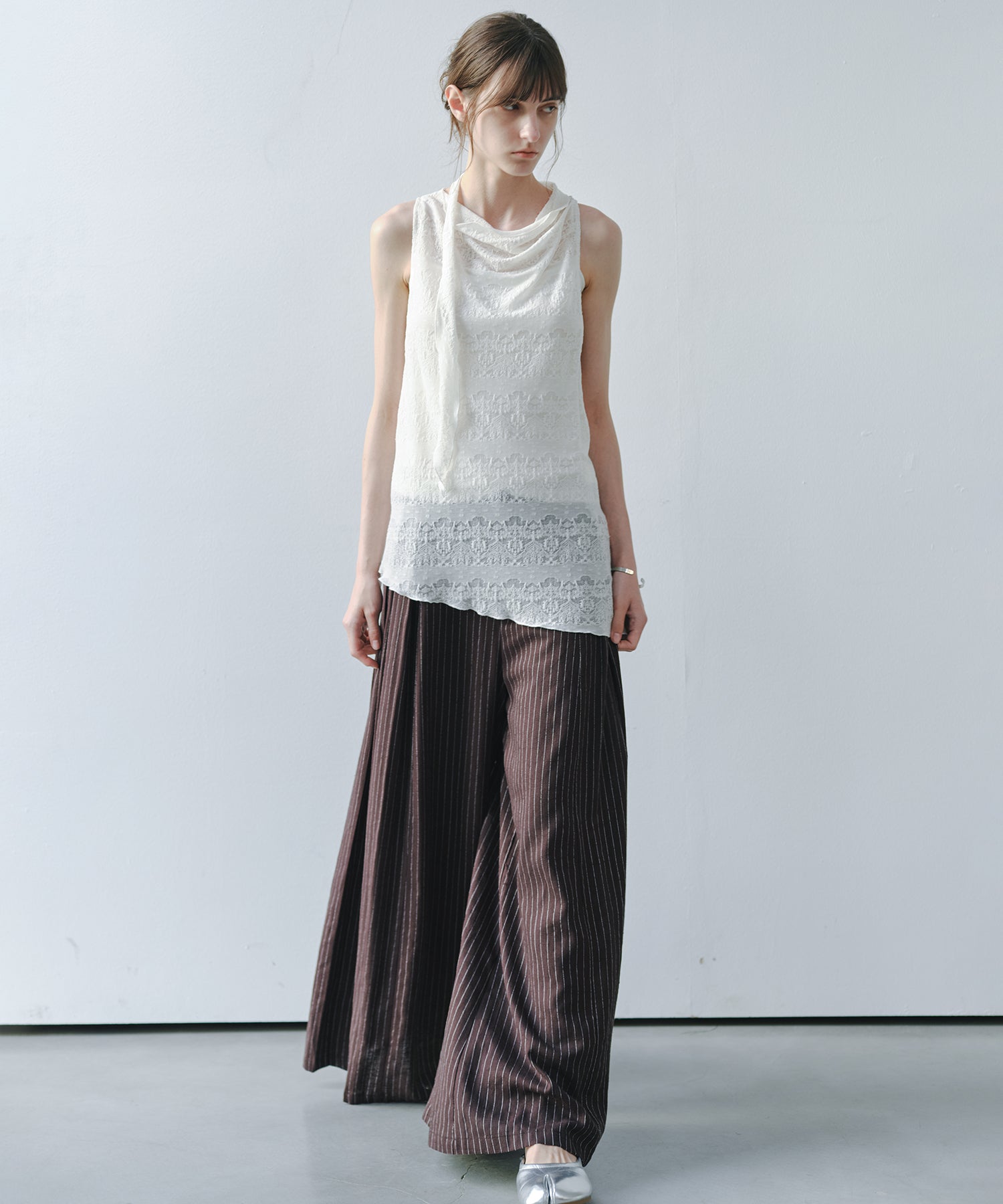 「7月中旬～下旬出荷」Linen Blend Striped Pleated Wide Pants