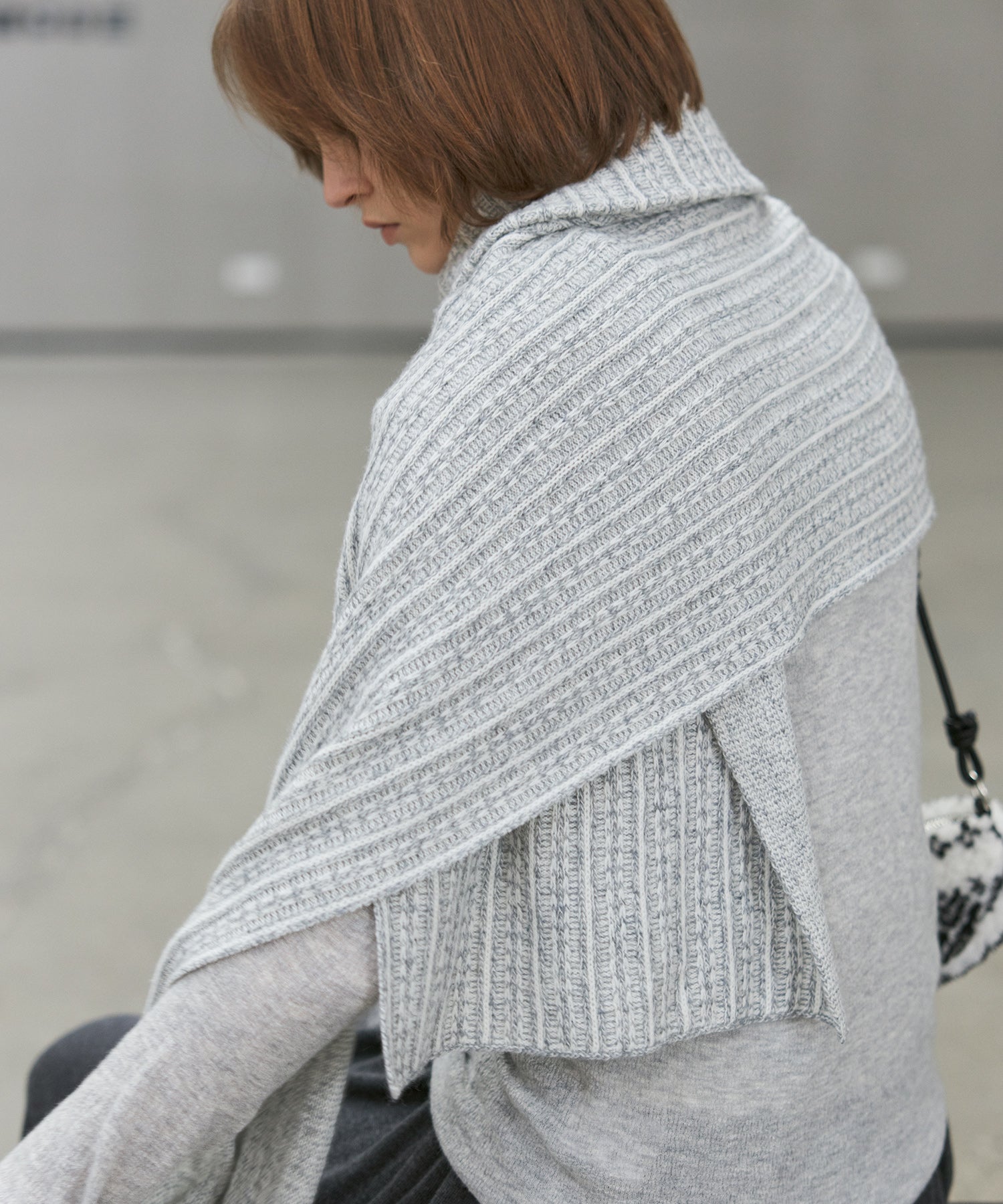 Asymmetric High-Neck Textured Knit Poncho Scarf