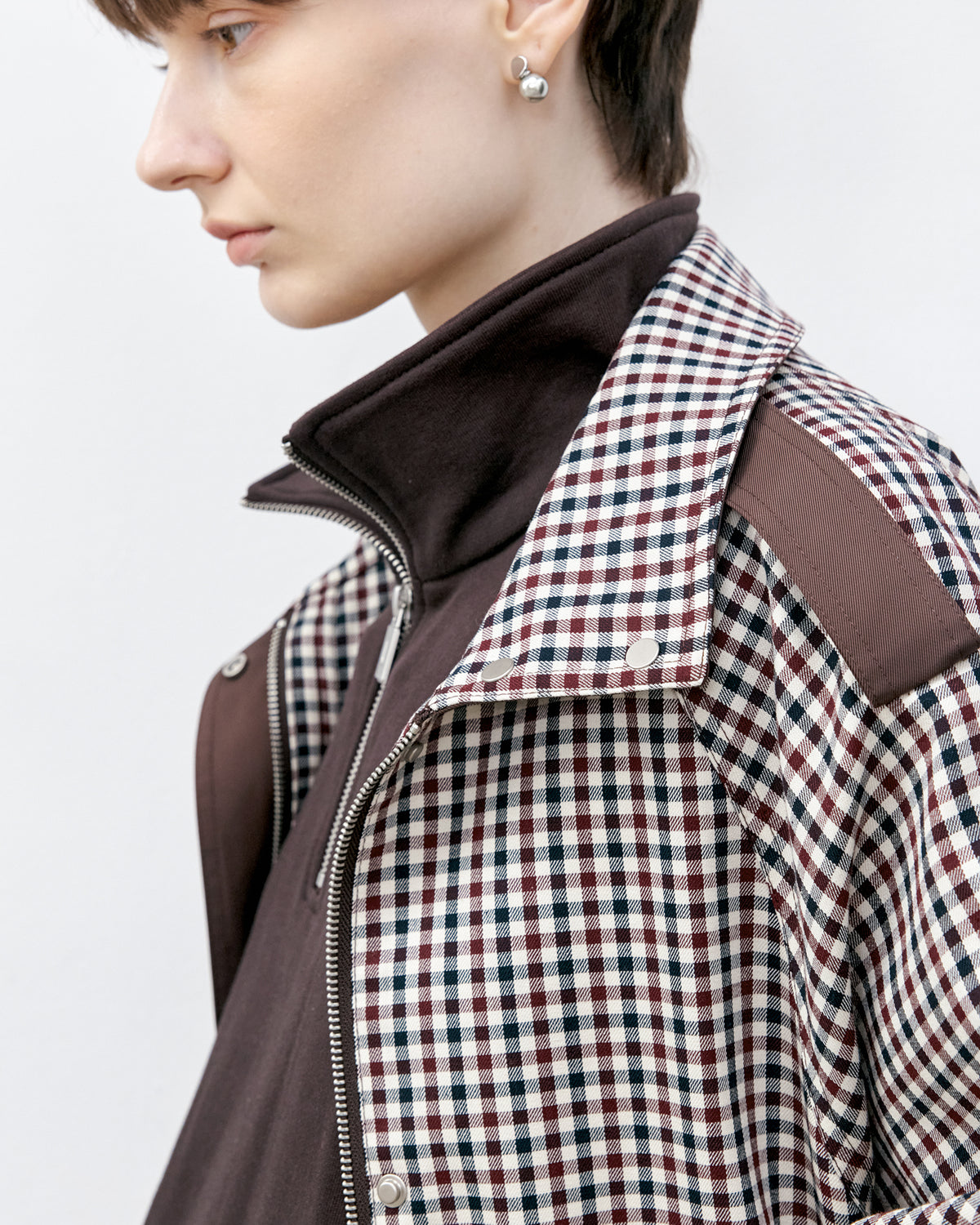 Contrast Panel Checkered Mid-Length Jacket