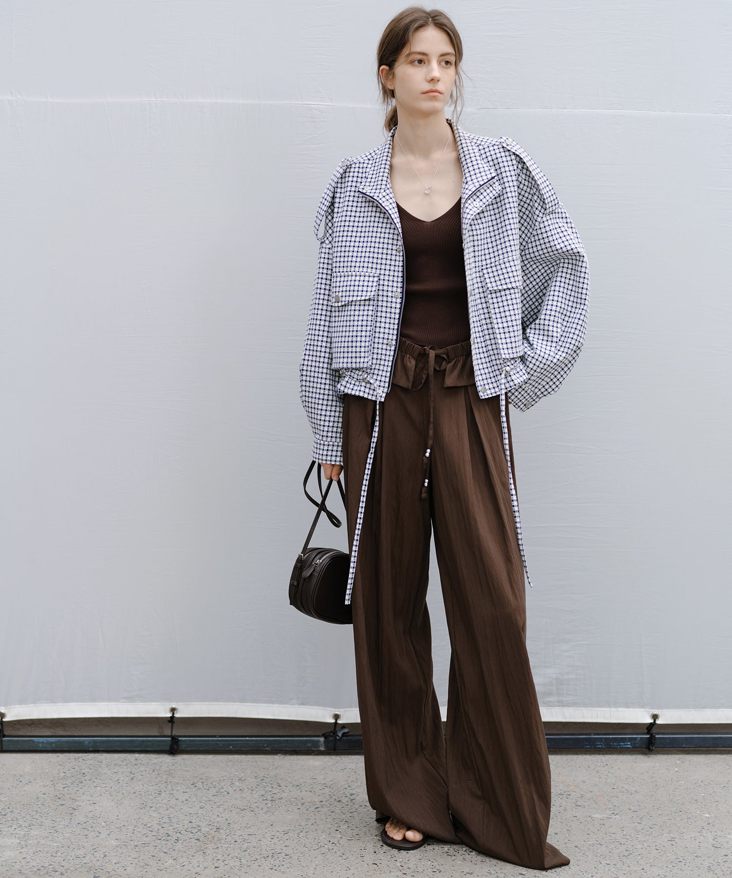 "Shipping late February to early March" Stand Collar Check Drawstring Jacket