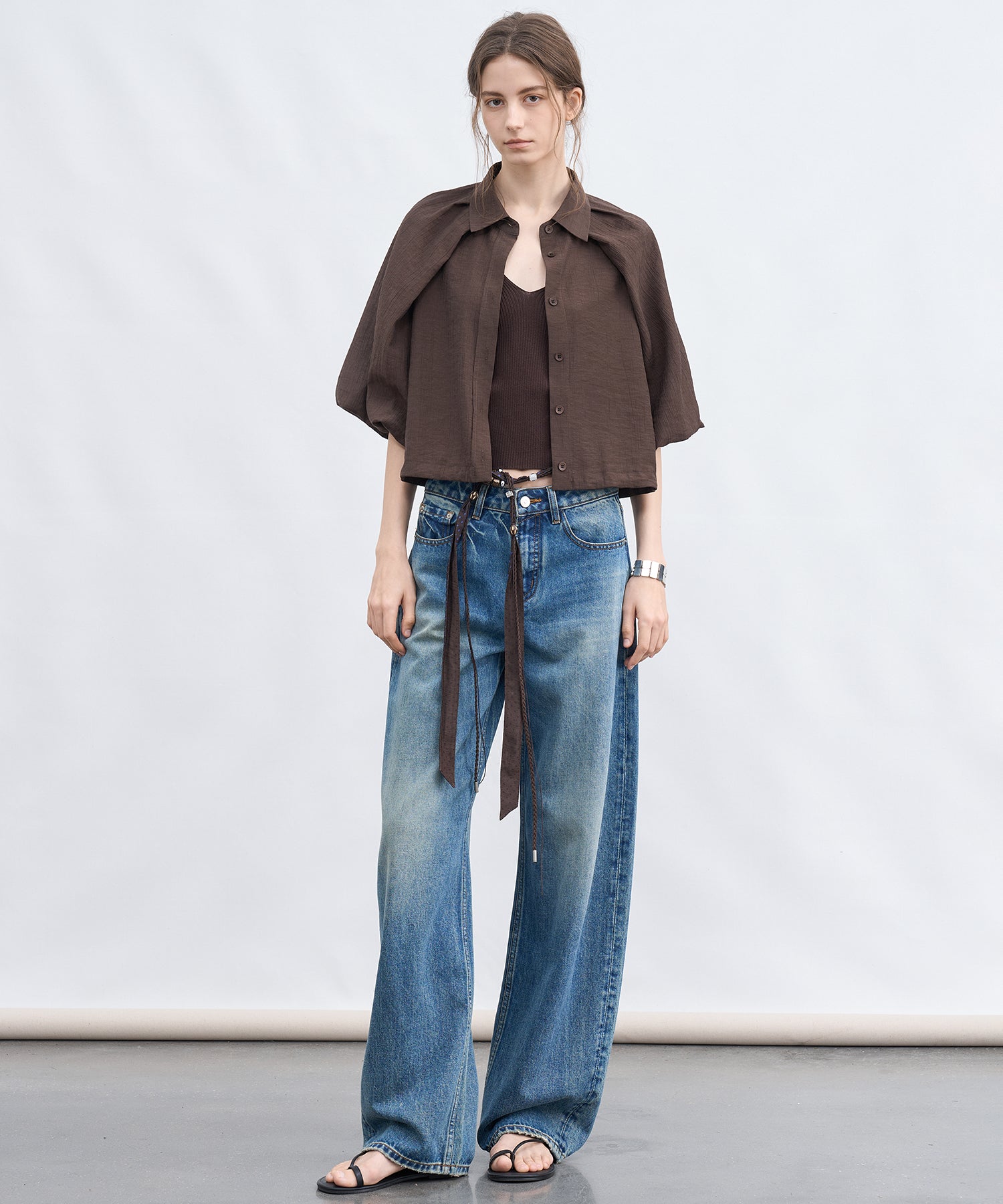 「7月上旬～中旬出荷」Sheer Stripe Balloon Sleeve Cropped Shirt