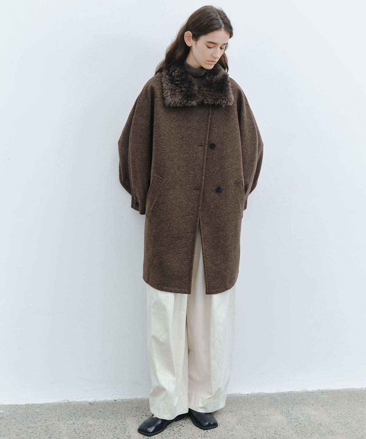 「10月下旬出荷予定」Faux Fur Collar Melange Wool-Like Middle Coat