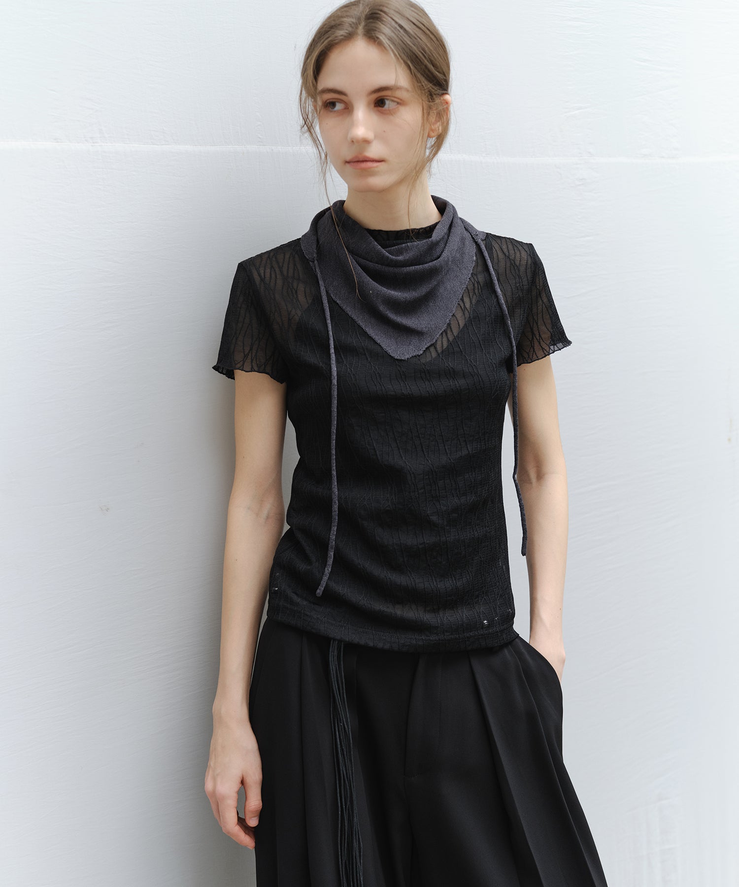 "Ships early March" Sheer Slub Yarn Crewneck Cardigan Set (with Scarf)