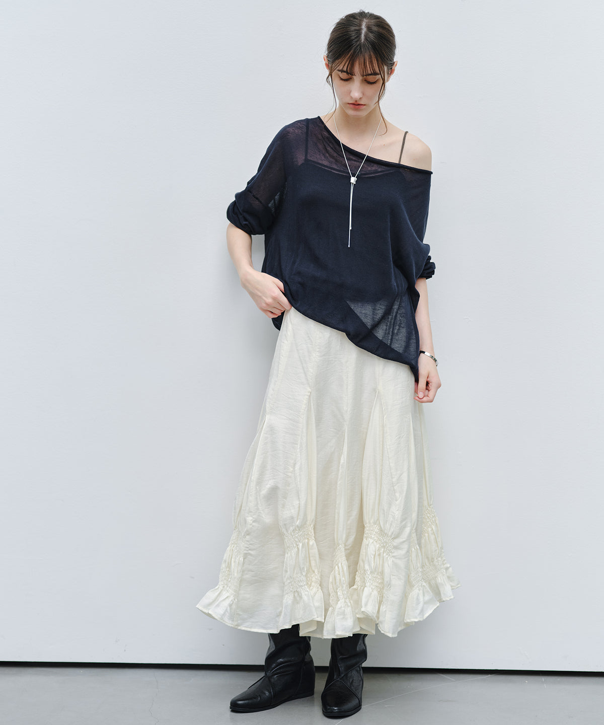 「9月下旬出荷予定」Drape Neck Sheer Loose Knit Top