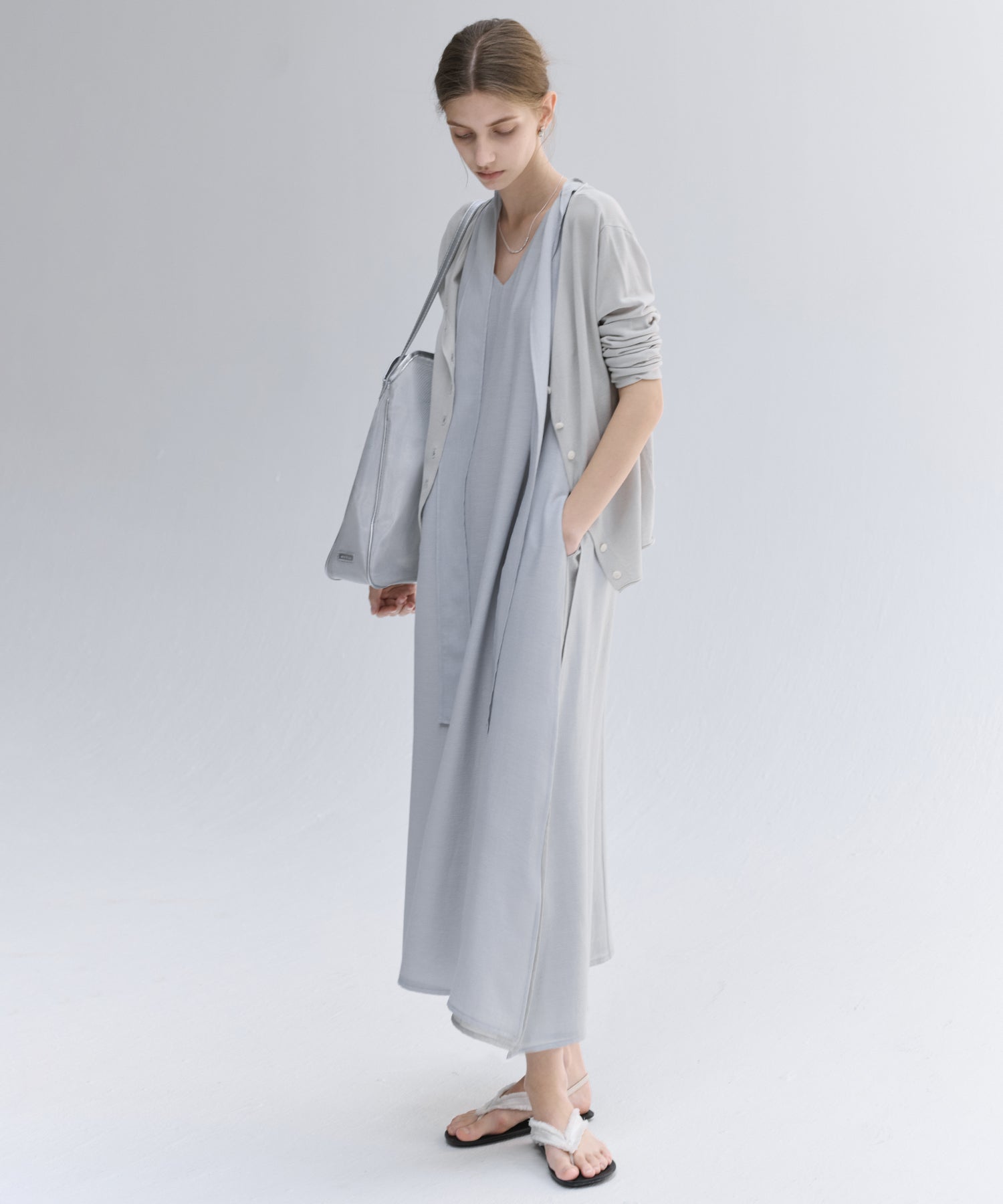 Acetate-Blend V-Neck Ribbon Detail Sleeveless Dress