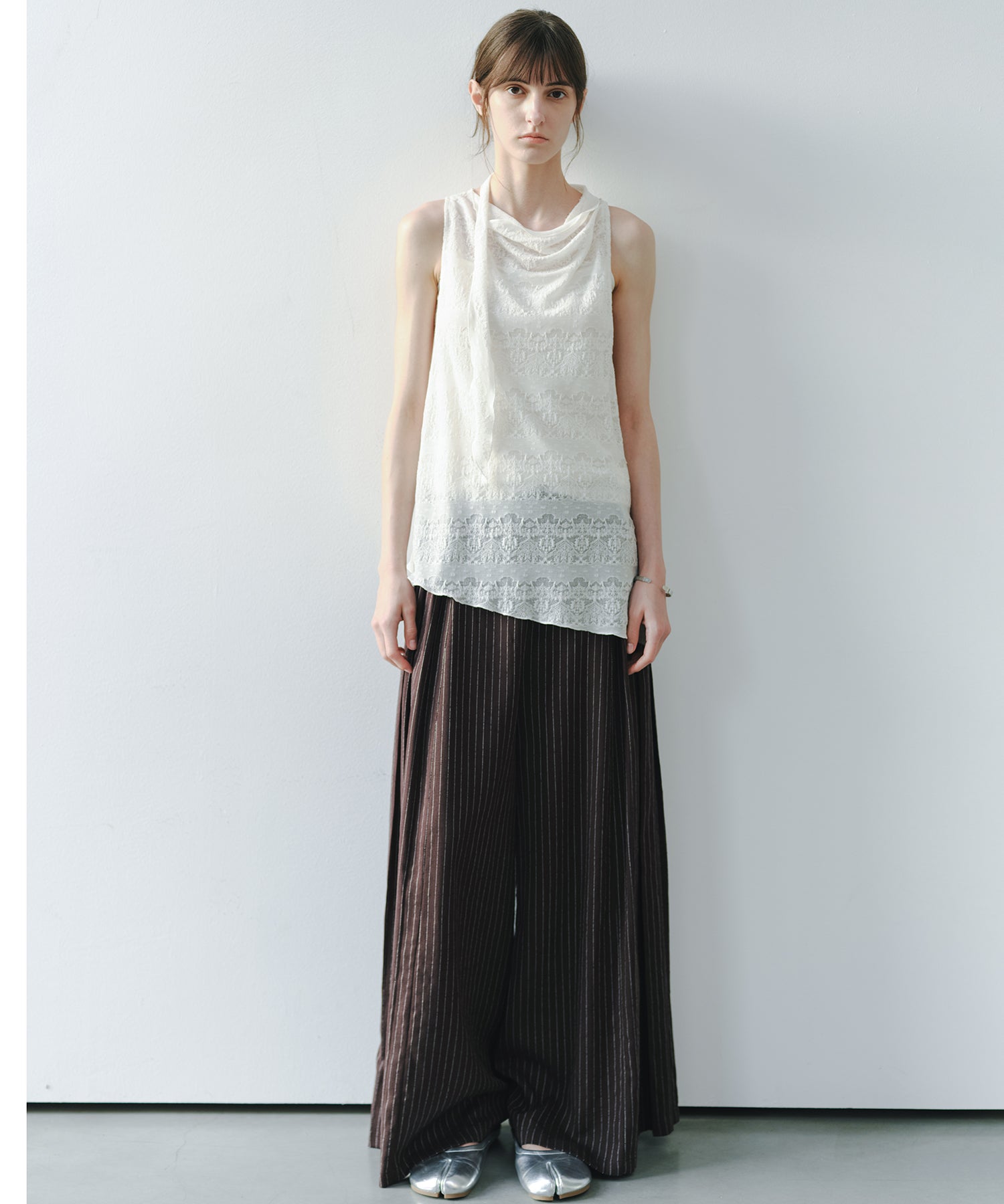 「7月中旬～下旬出荷」Linen Blend Striped Pleated Wide Pants