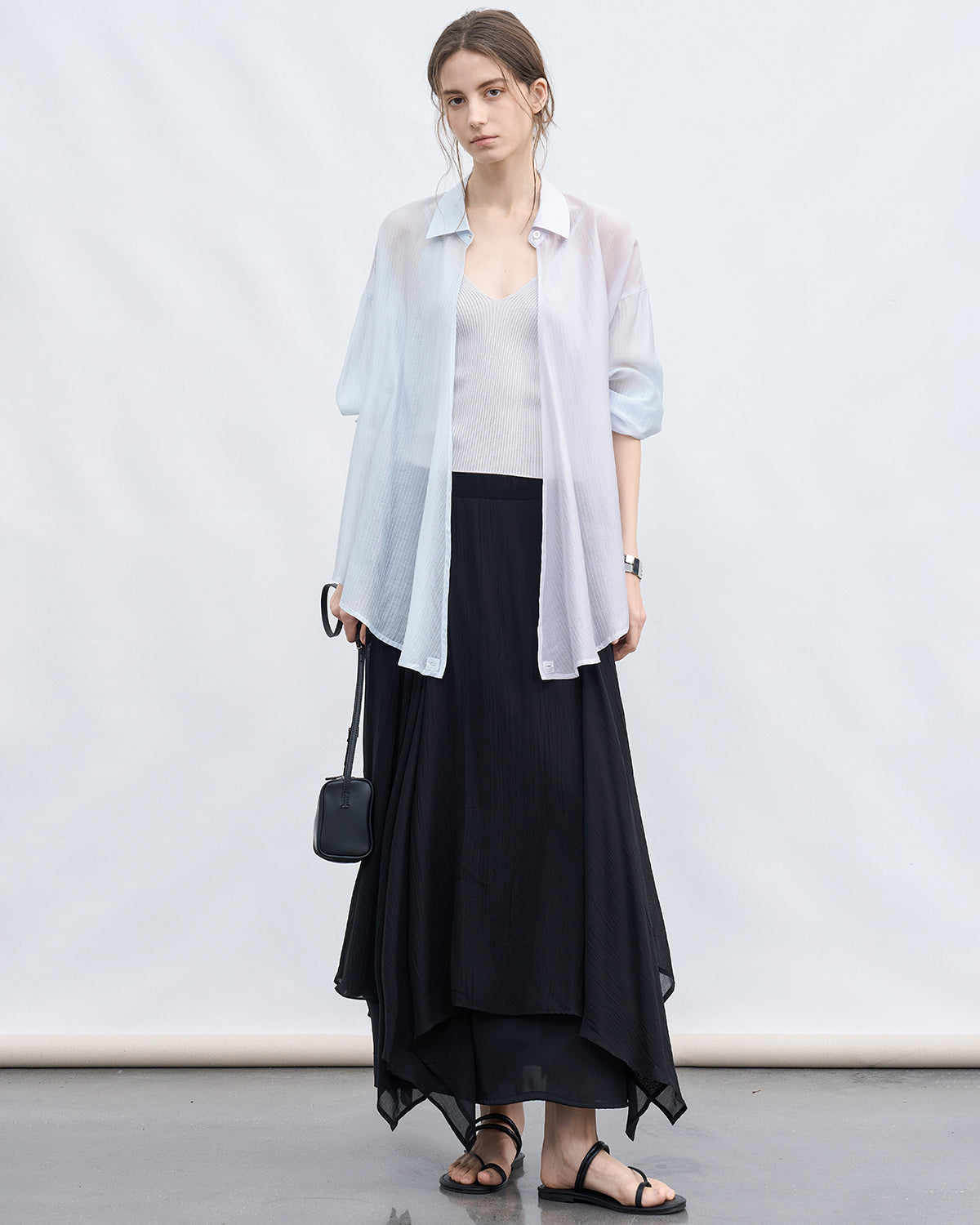 Bi-color Asymmetric Neck Sheer Shirt