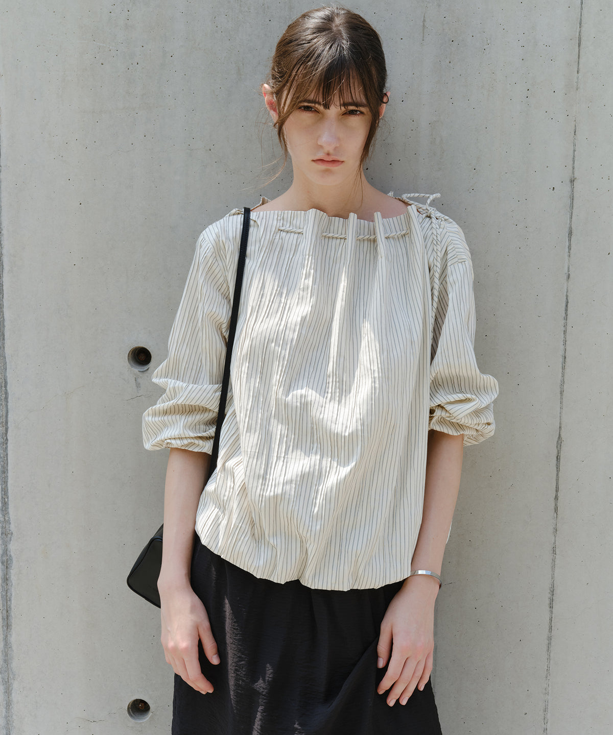 Asymmetric Off-Shoulder Drawstring Stripe Blouse