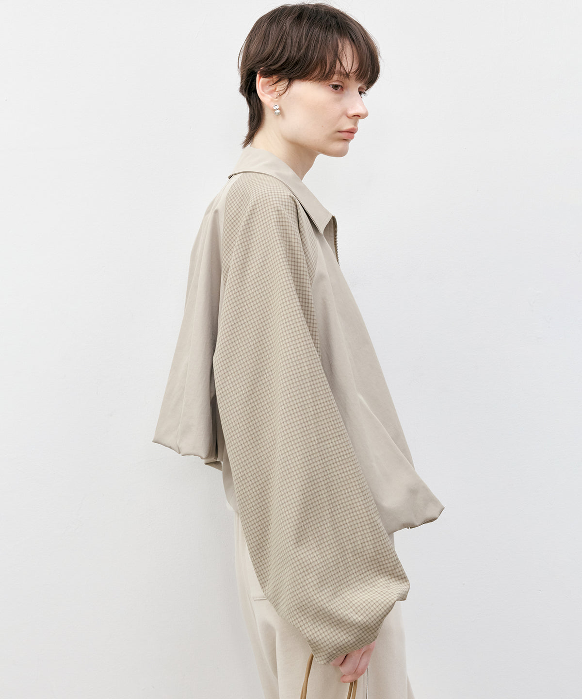 Check Panel Balloon Sleeve Short Blouson