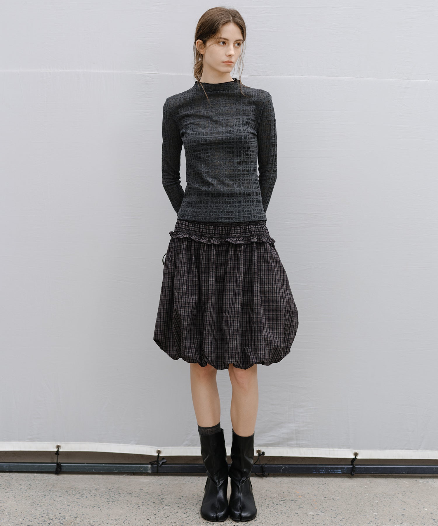 "Shipping from late February to early March" 2-way Smocked Check Bubble Skirt