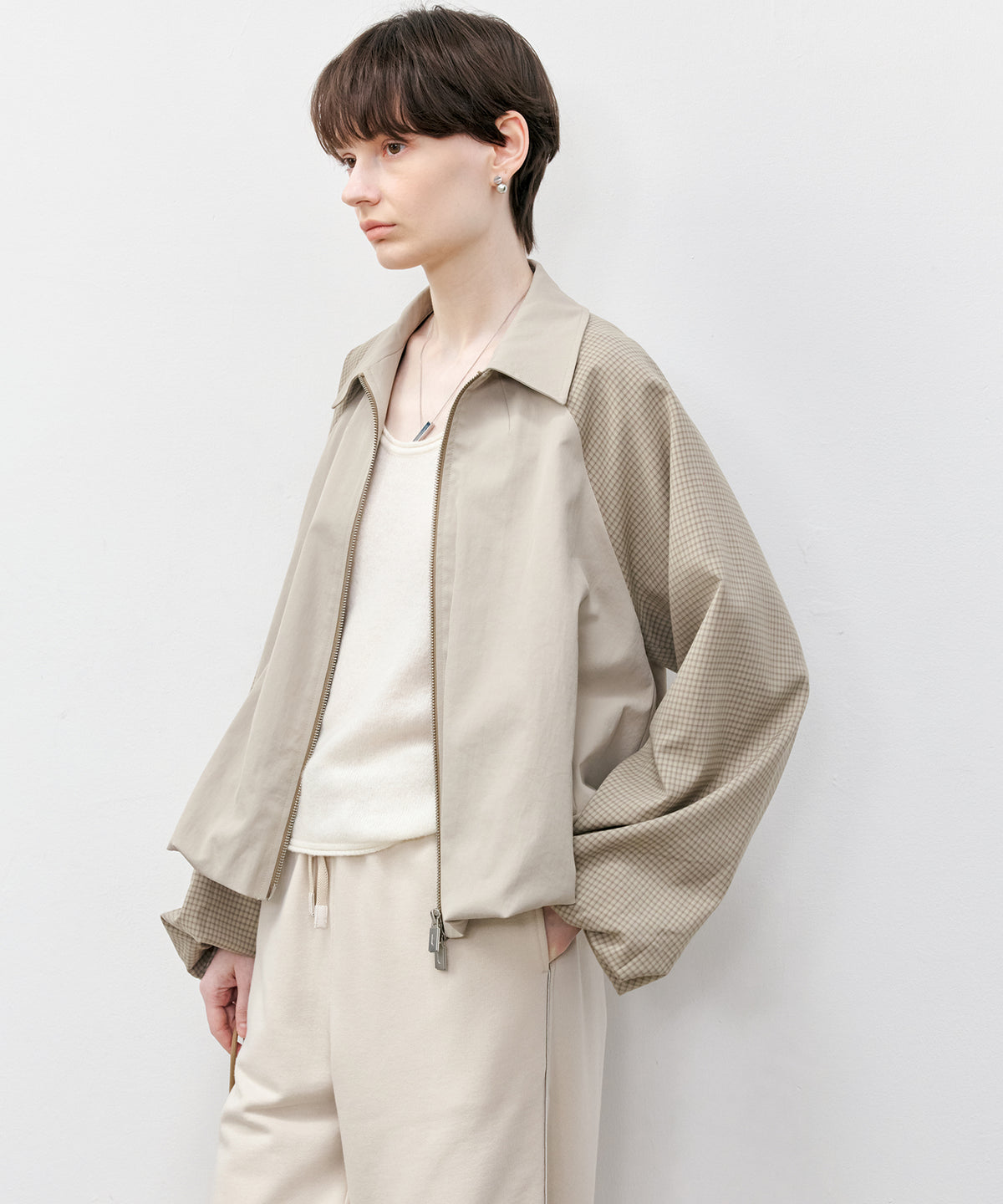 Check Panel Balloon Sleeve Short Blouson