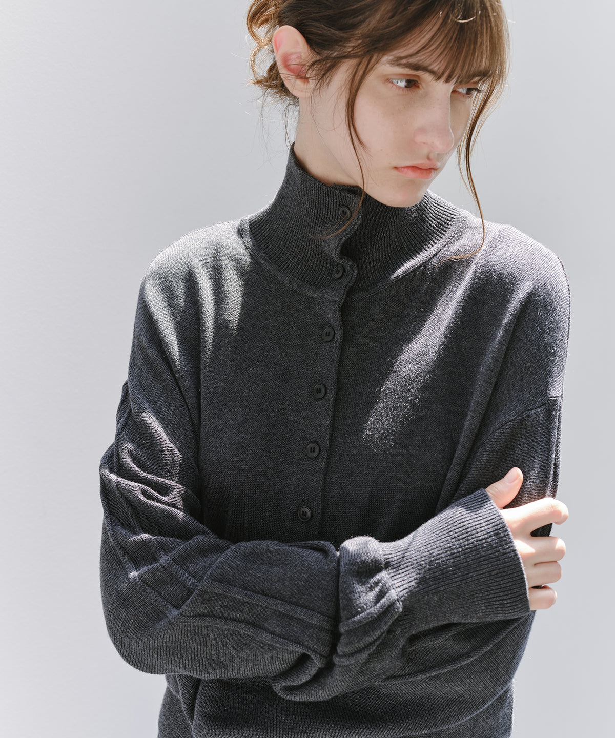 「10月下旬出荷予定」Wool Silk High Neck Button Knit Cardigan