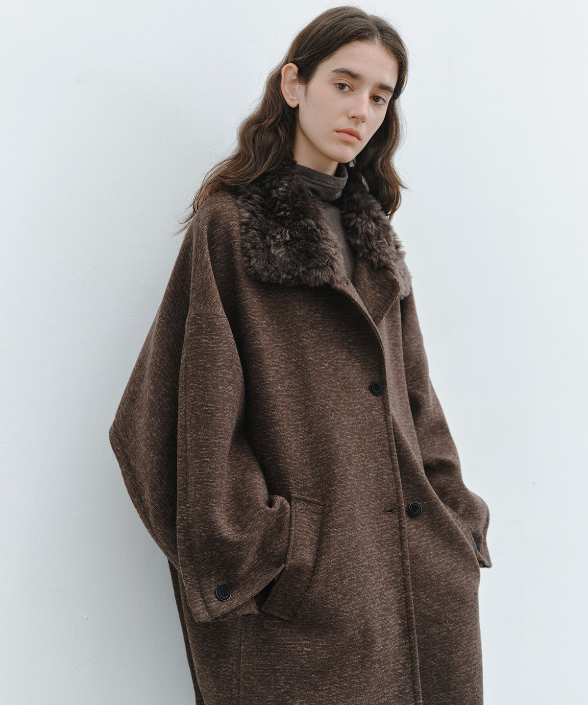 「10月下旬出荷予定」Faux Fur Collar Melange Wool-Like Middle Coat
