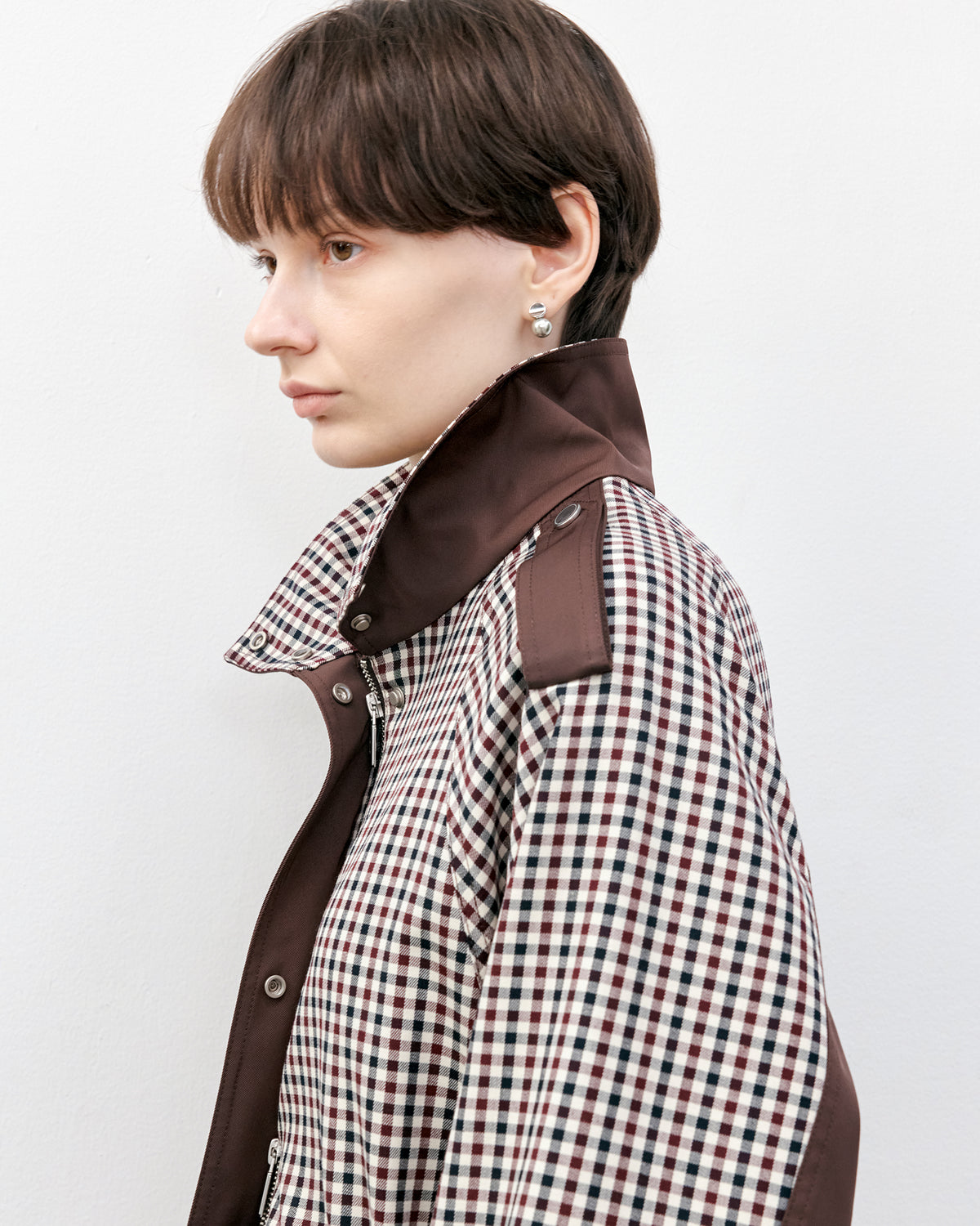 Contrast Panel Checkered Mid-Length Jacket