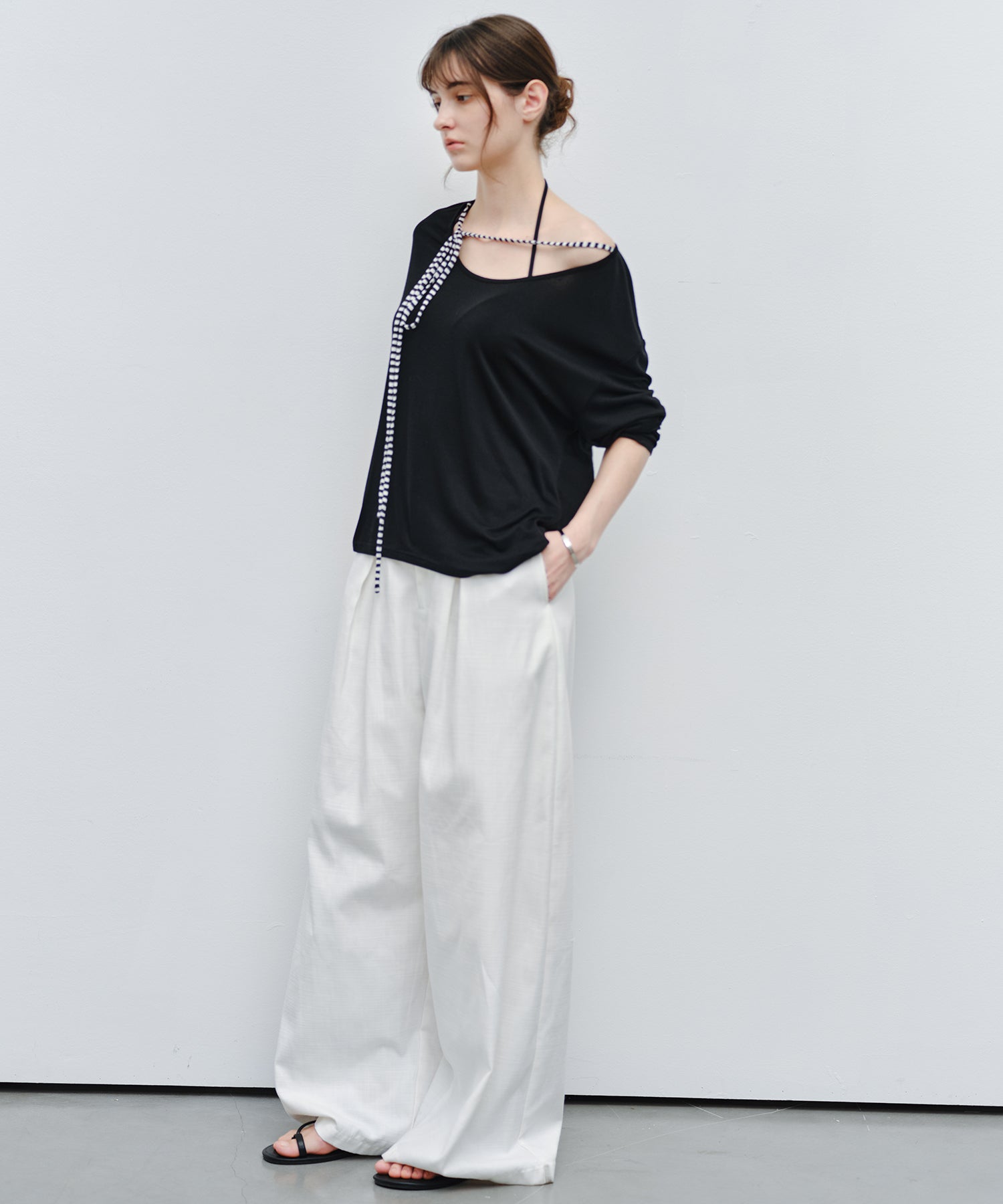 「9月下旬出荷予定」Striped Cord U-Neck Draped Top
