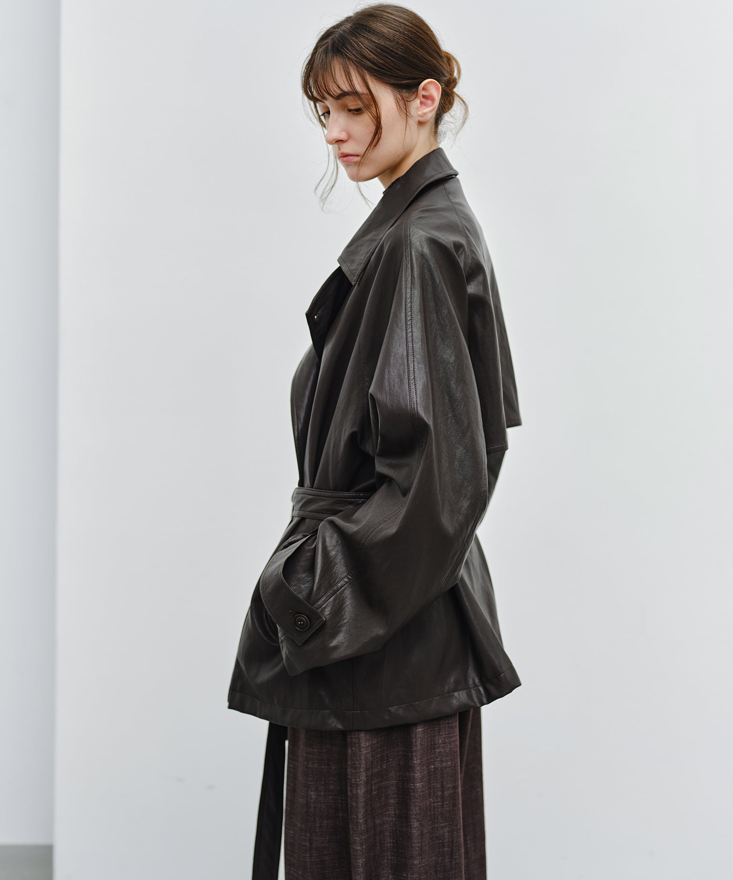 「9月下旬出荷予定」Belted Faux Leather Short Trench Jacket