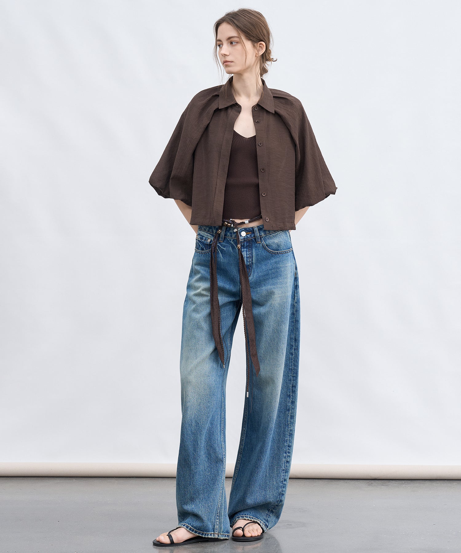 「7月上旬～中旬出荷」Sheer Stripe Balloon Sleeve Cropped Shirt