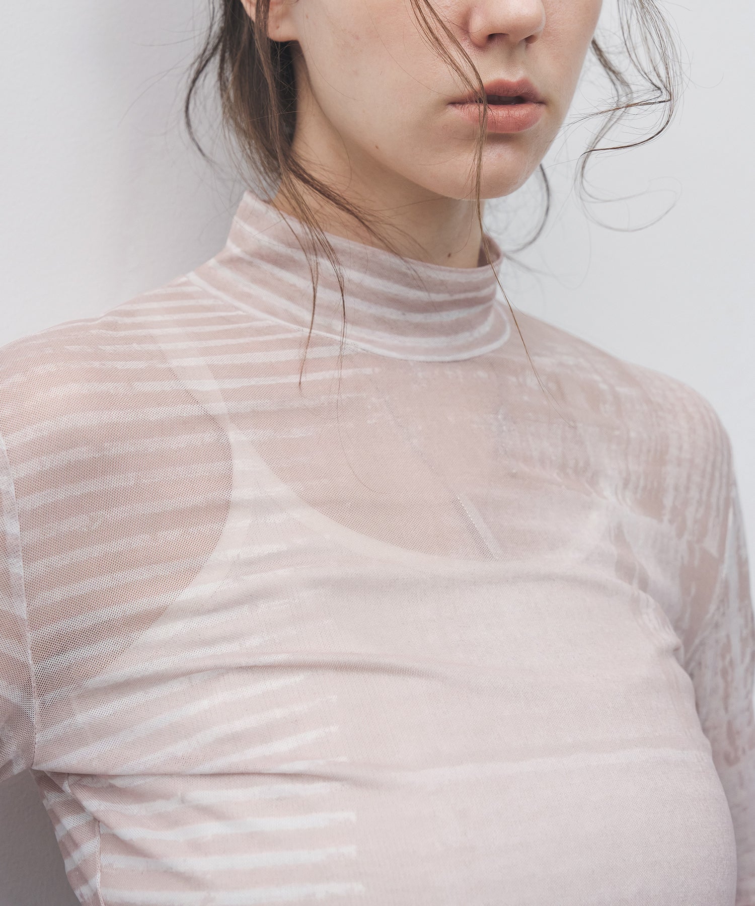 Digital Art Mesh Top – Sheer Mock Neck Fitted Layer