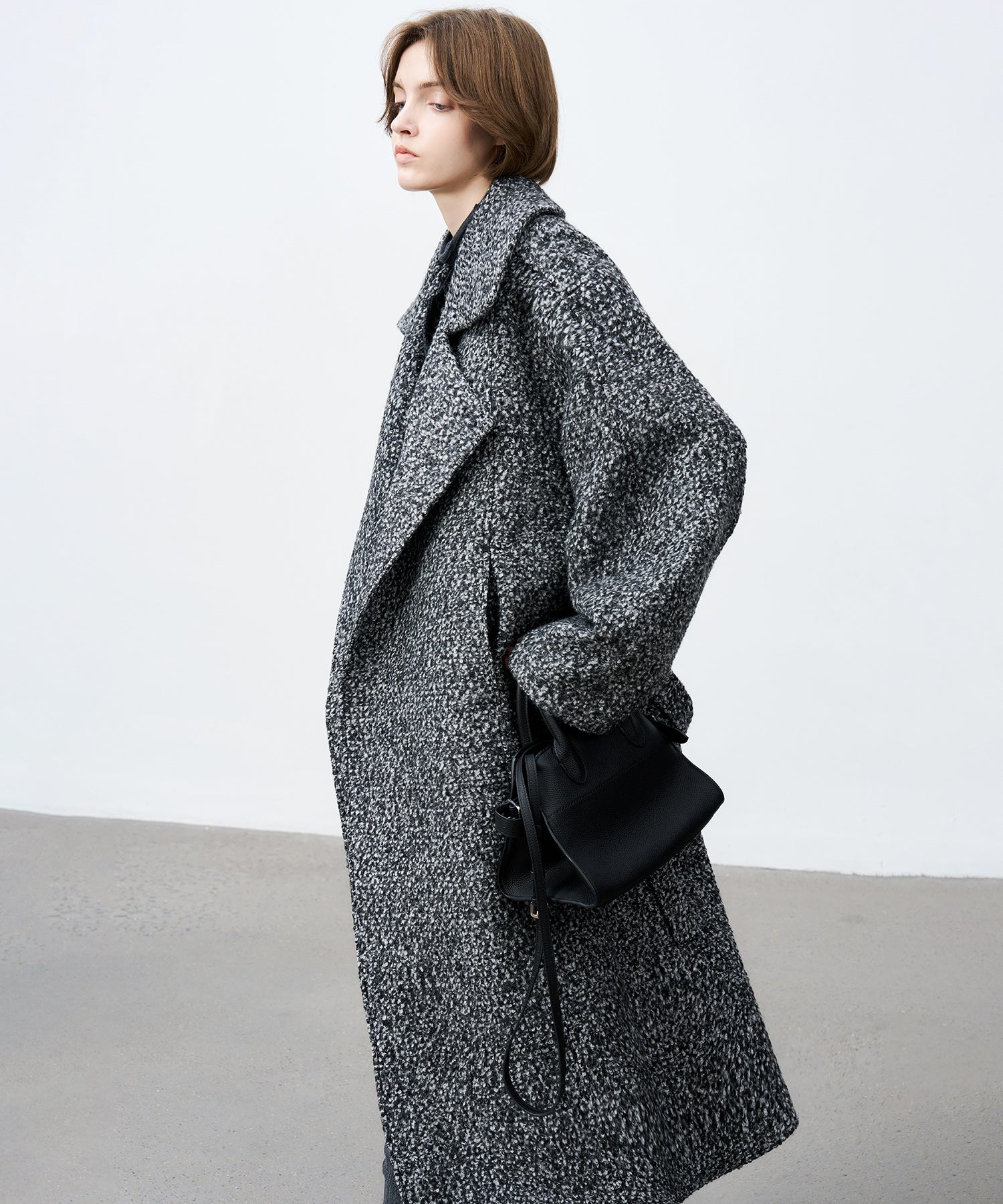 Mixed-Color Bouclé Wool Lapel Long Coat