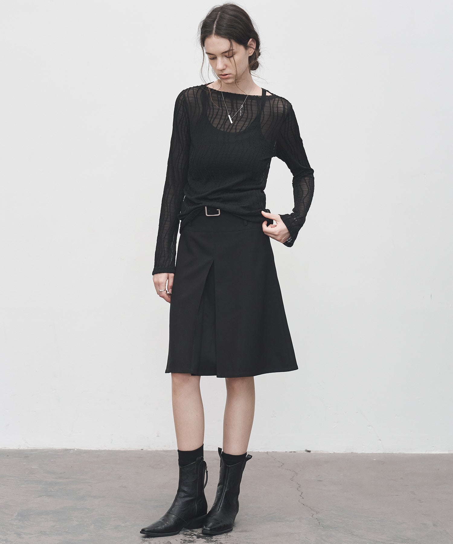 Jacquard Mesh Boat Neck Top – Sheer Long Sleeve Tee