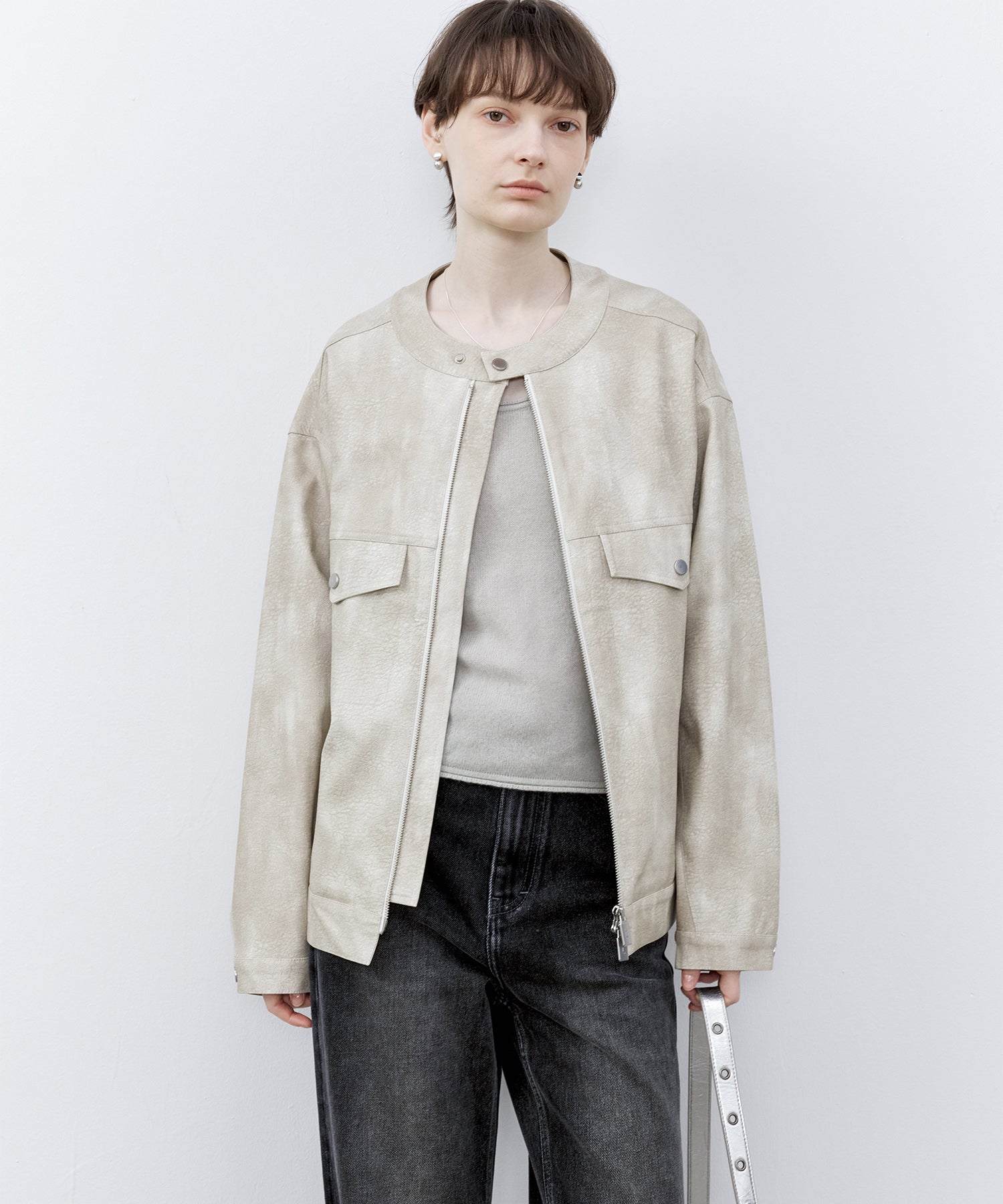 Vintage Grain Washed Faux Leather Panel Jacket