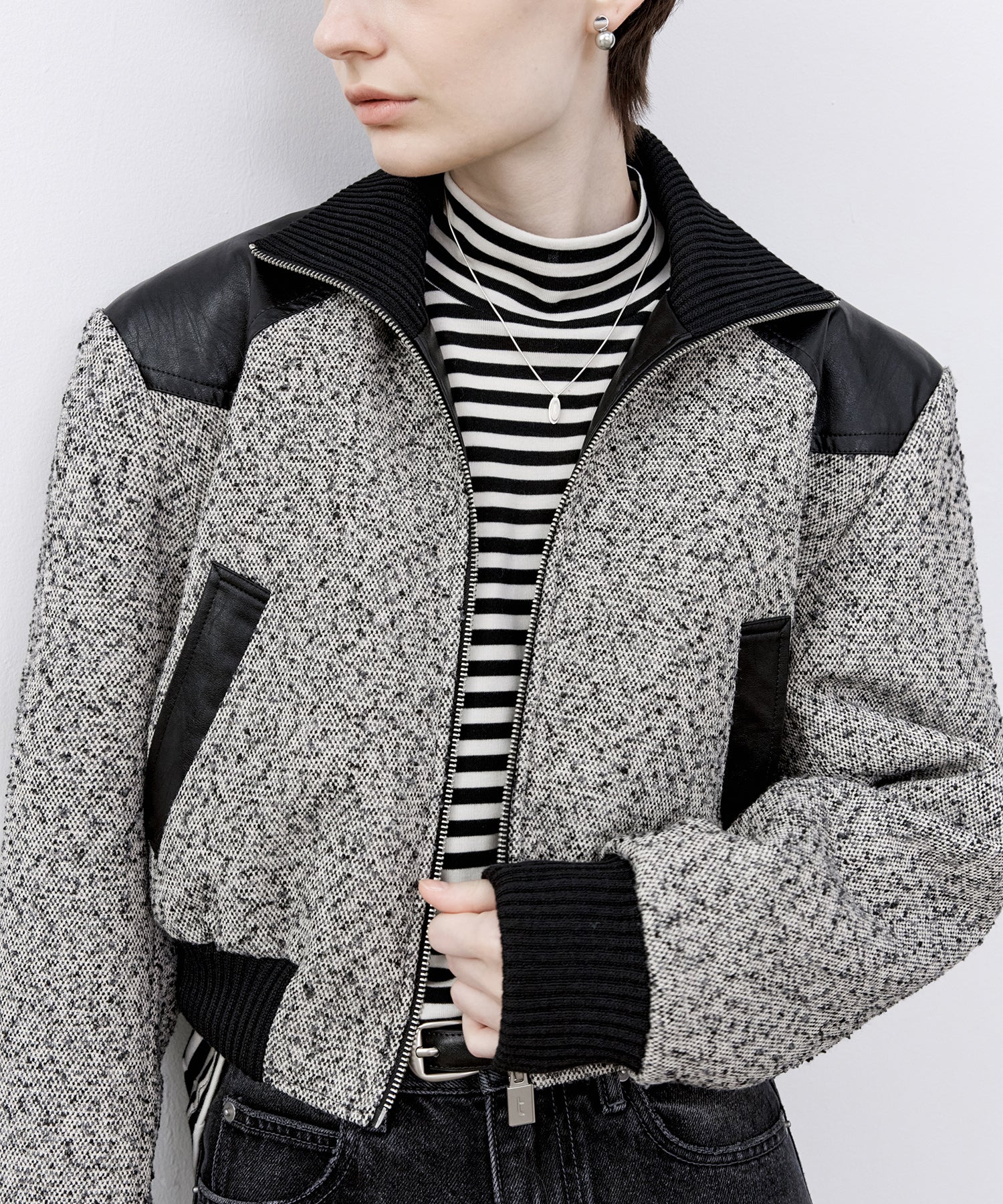 Textured Panel Short Puffer Jacket with Ribbed Stand Collar