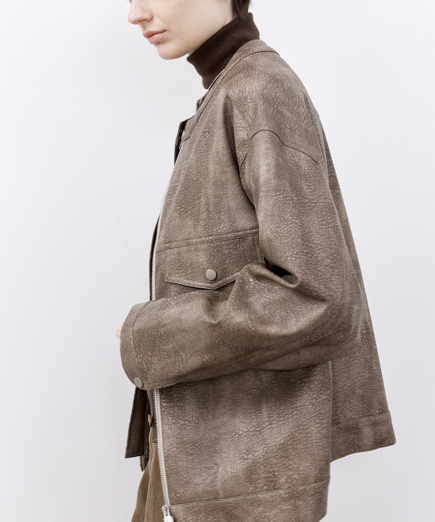 Vintage Grain Washed Faux Leather Panel Jacket