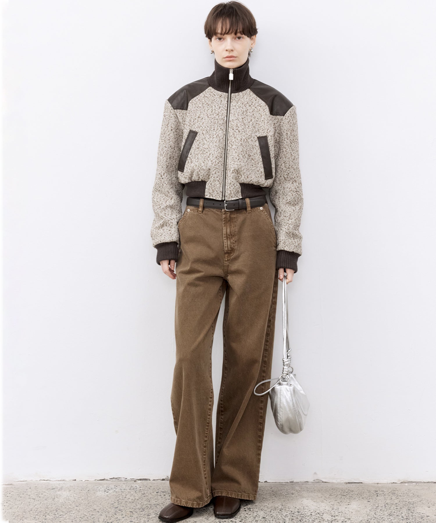 Textured Panel Short Puffer Jacket with Ribbed Stand Collar