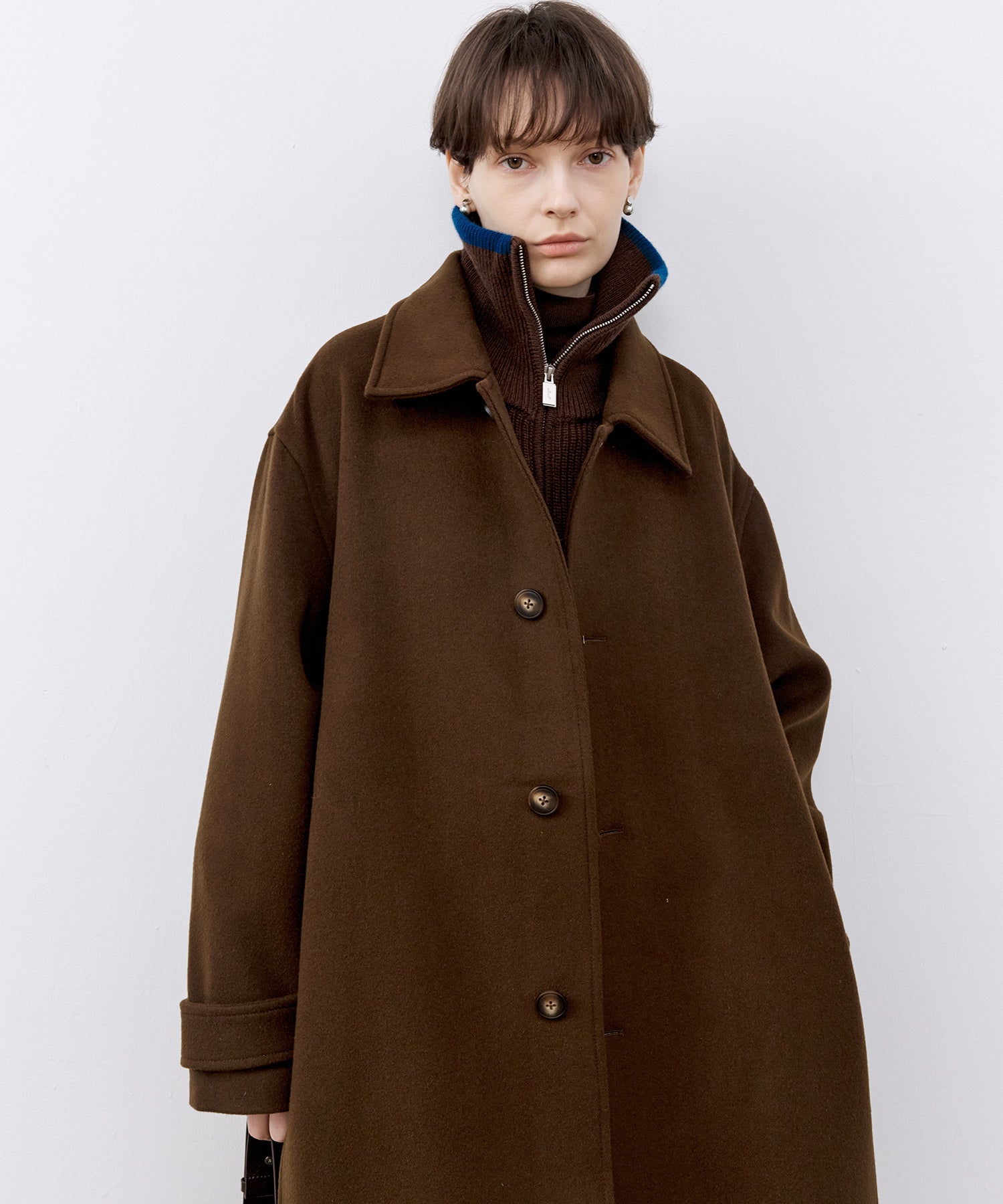 Contrast Panel Wool Zip Cardigan with Dual-Way Collar