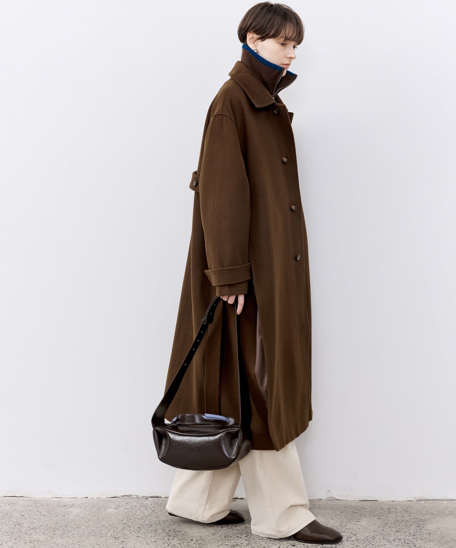 Contrast Panel Wool Zip Cardigan with Dual-Way Collar