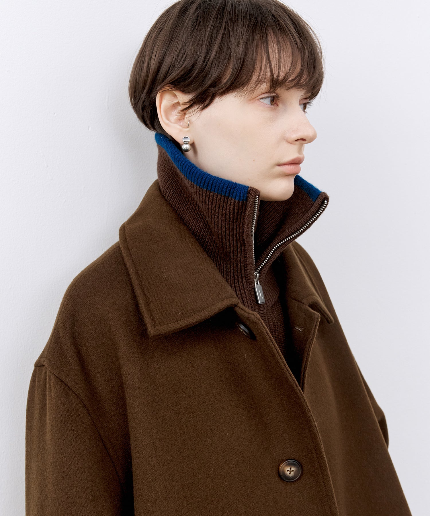 Contrast Panel Wool Zip Cardigan with Dual-Way Collar